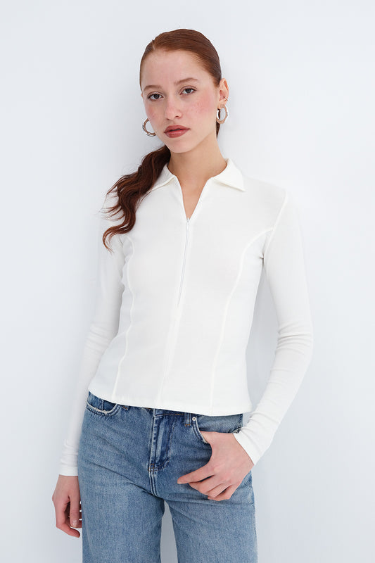Ecru_Zip-Up-Polo-Neck-Blouse-addax