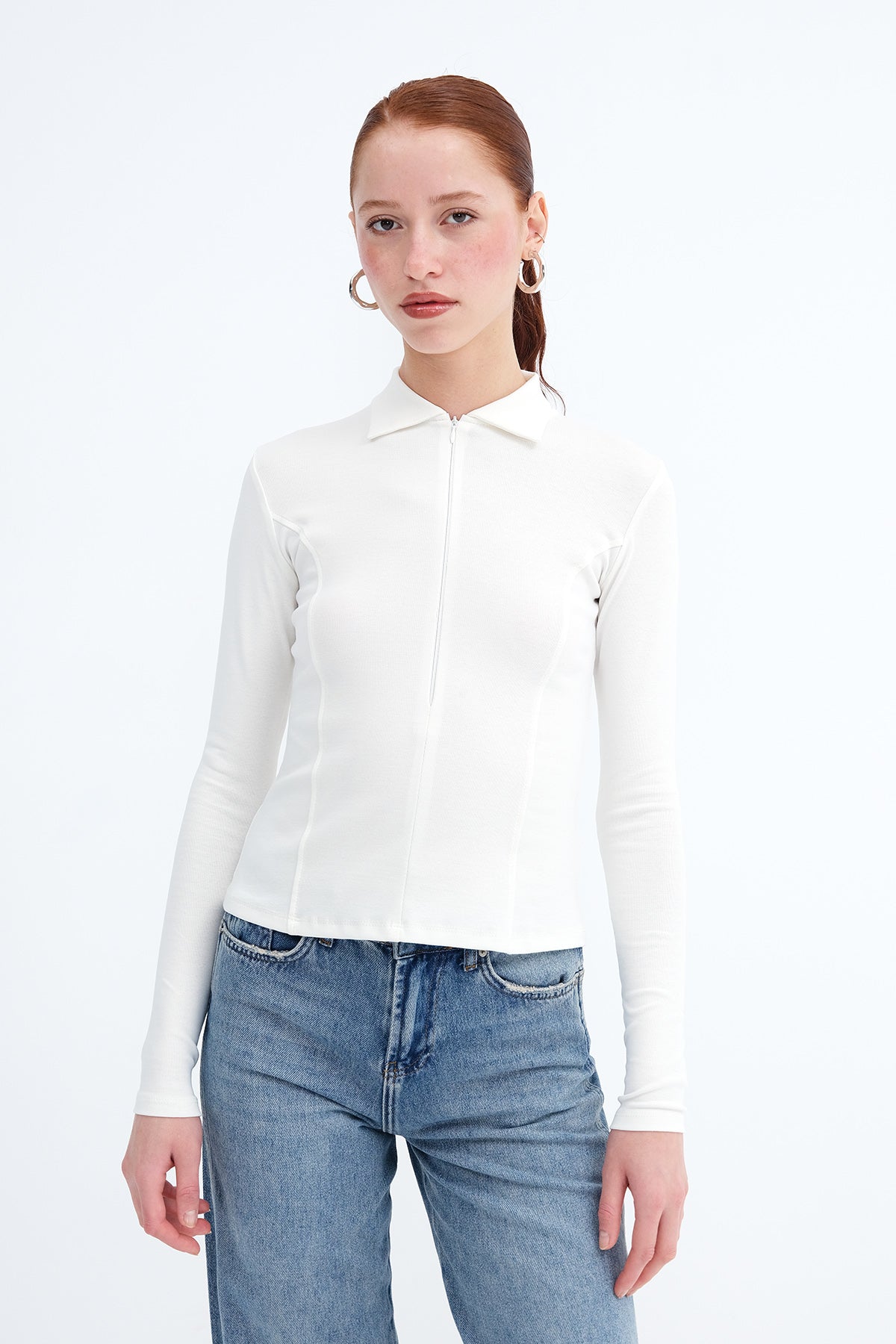Ecru_Zip-Up-Polo-Neck-Blouse-addax