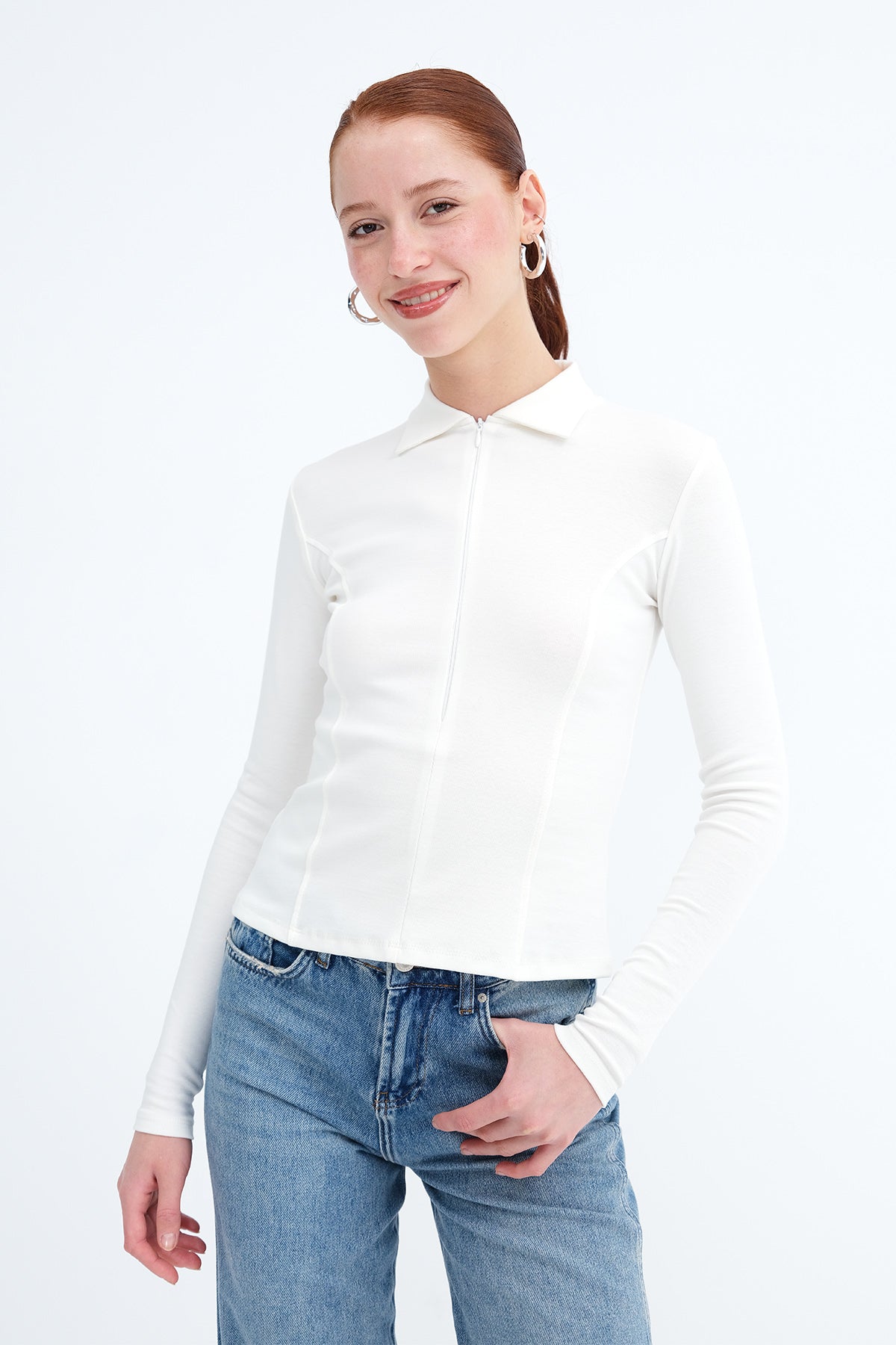 Ecru_Zip-Up-Polo-Neck-Blouse-addax
