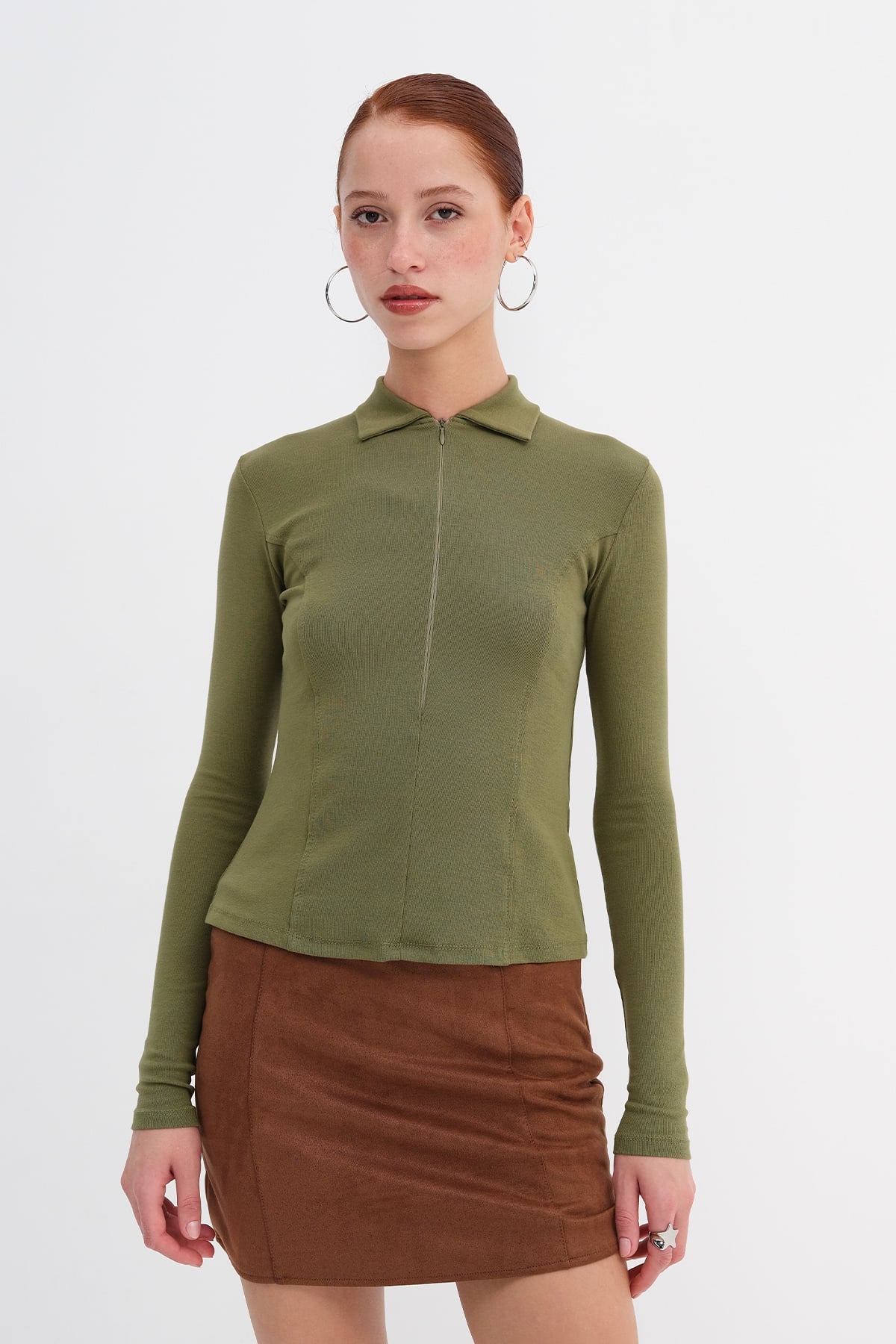 Matcha_Zip-Up-Polo-Neck-Blouse-addax