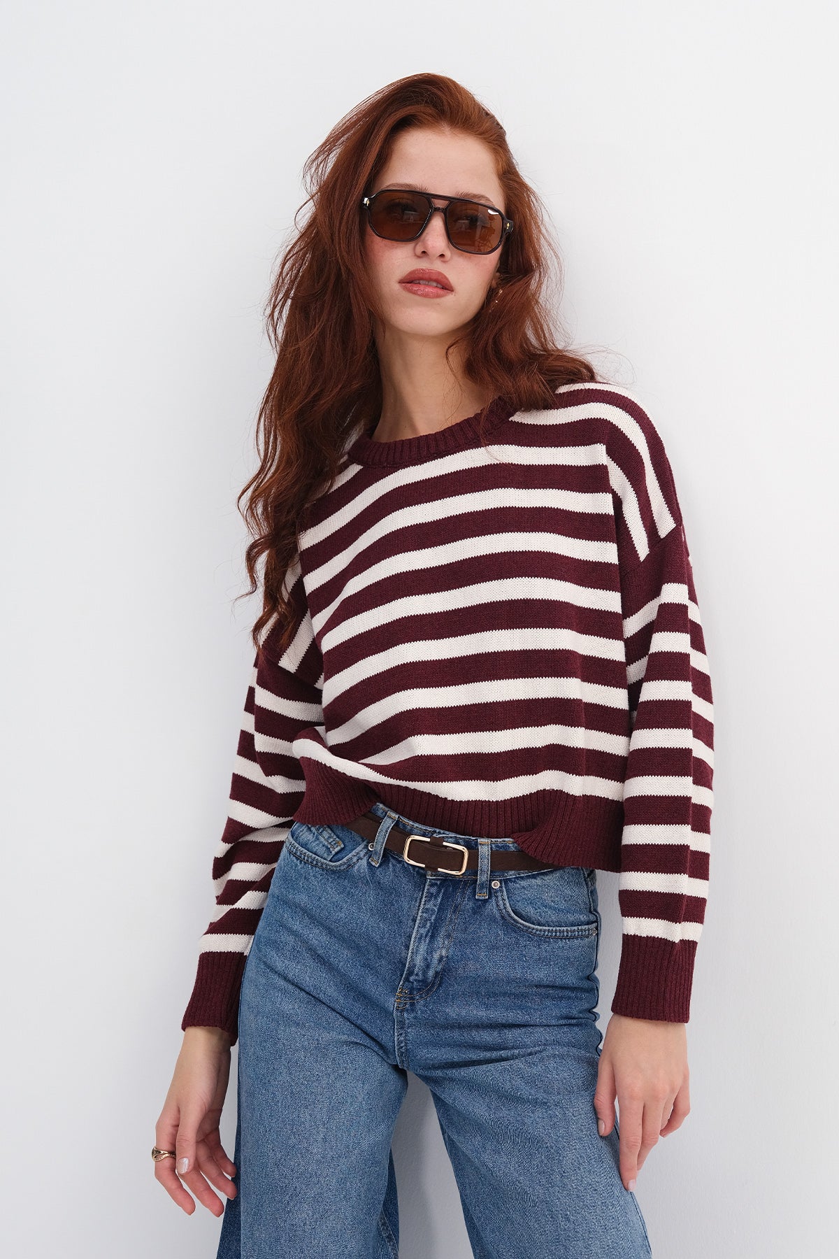 Crew Neck Striped Knit Sweater