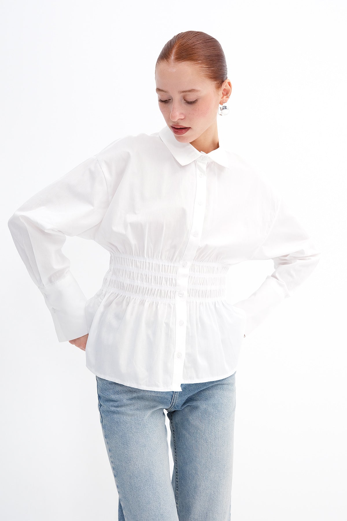 White_Button-Down-Shirt-with-Draped-Waist-addax