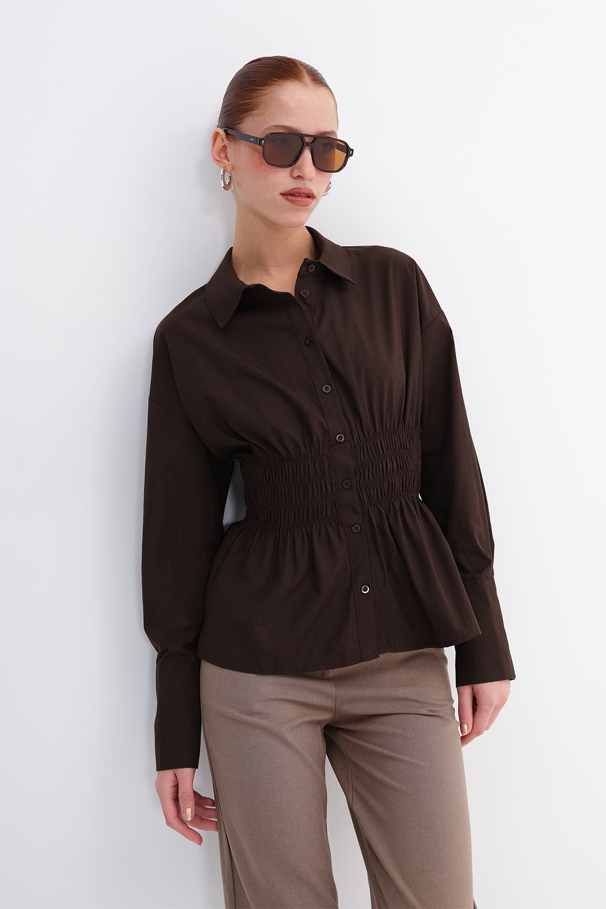 Bitter-Coffee_Button-Down-Shirt-with-Draped-Waist-addax
