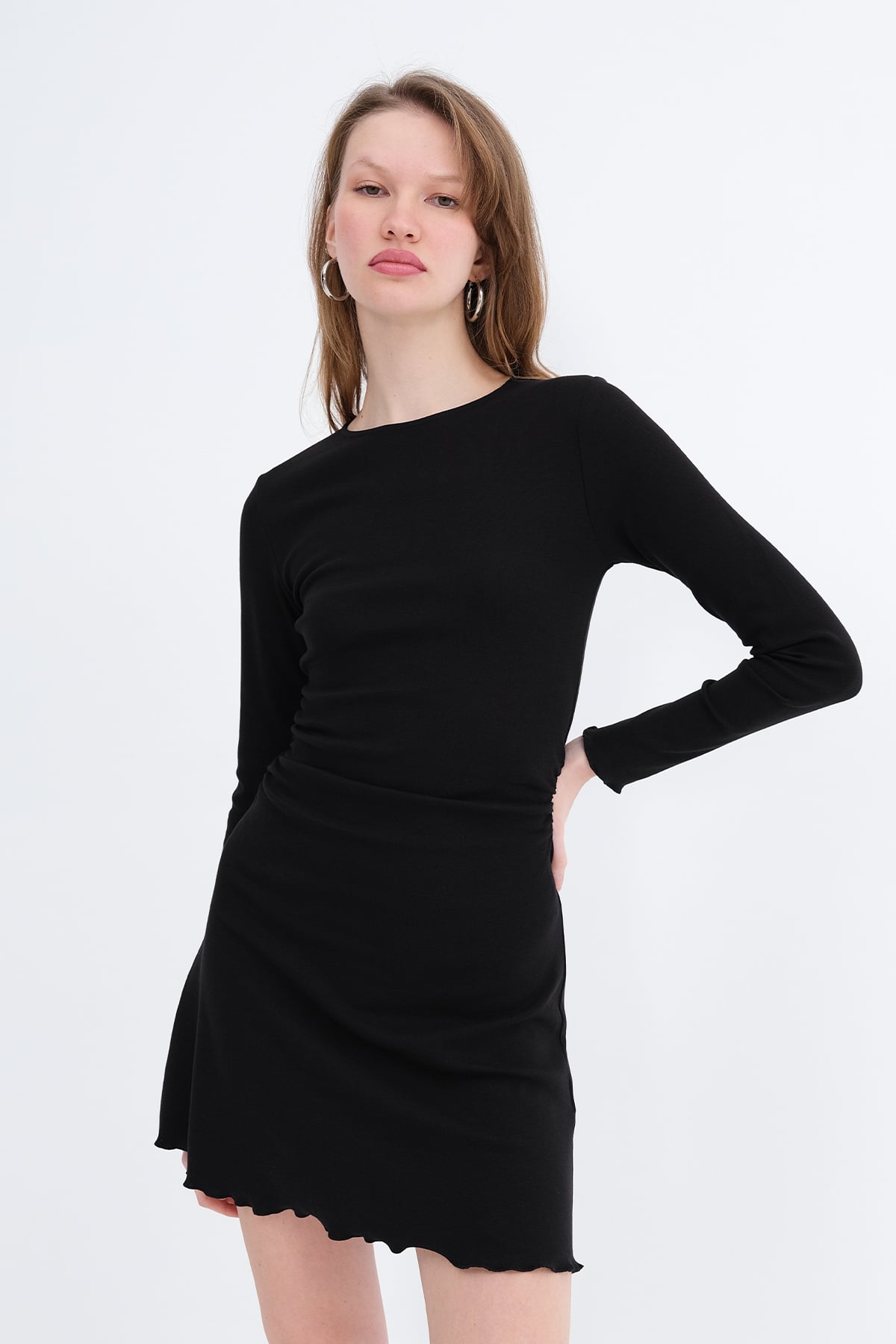 Black_Crew-Neck-Ruched-Mini-Dress-addax