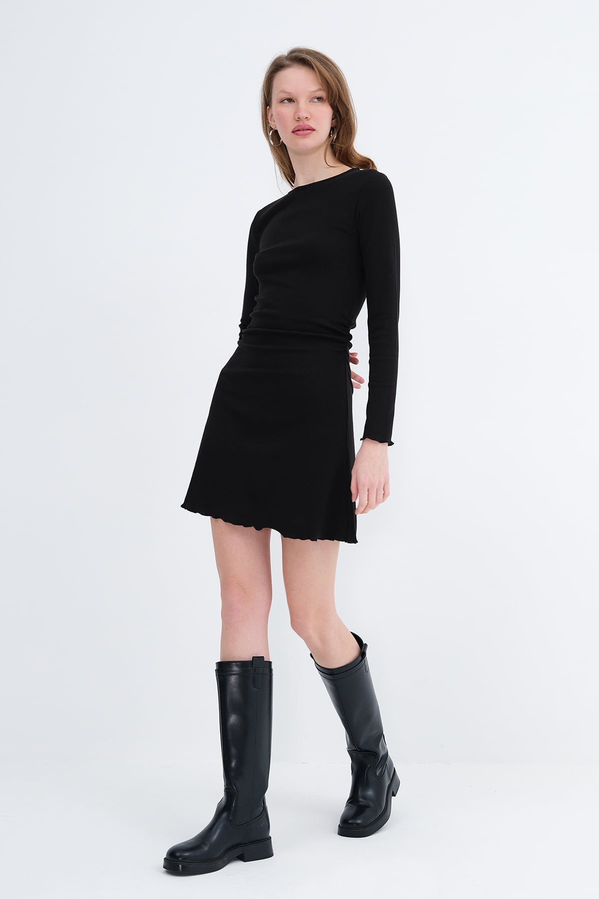 Black_Crew-Neck-Ruched-Mini-Dress-addax