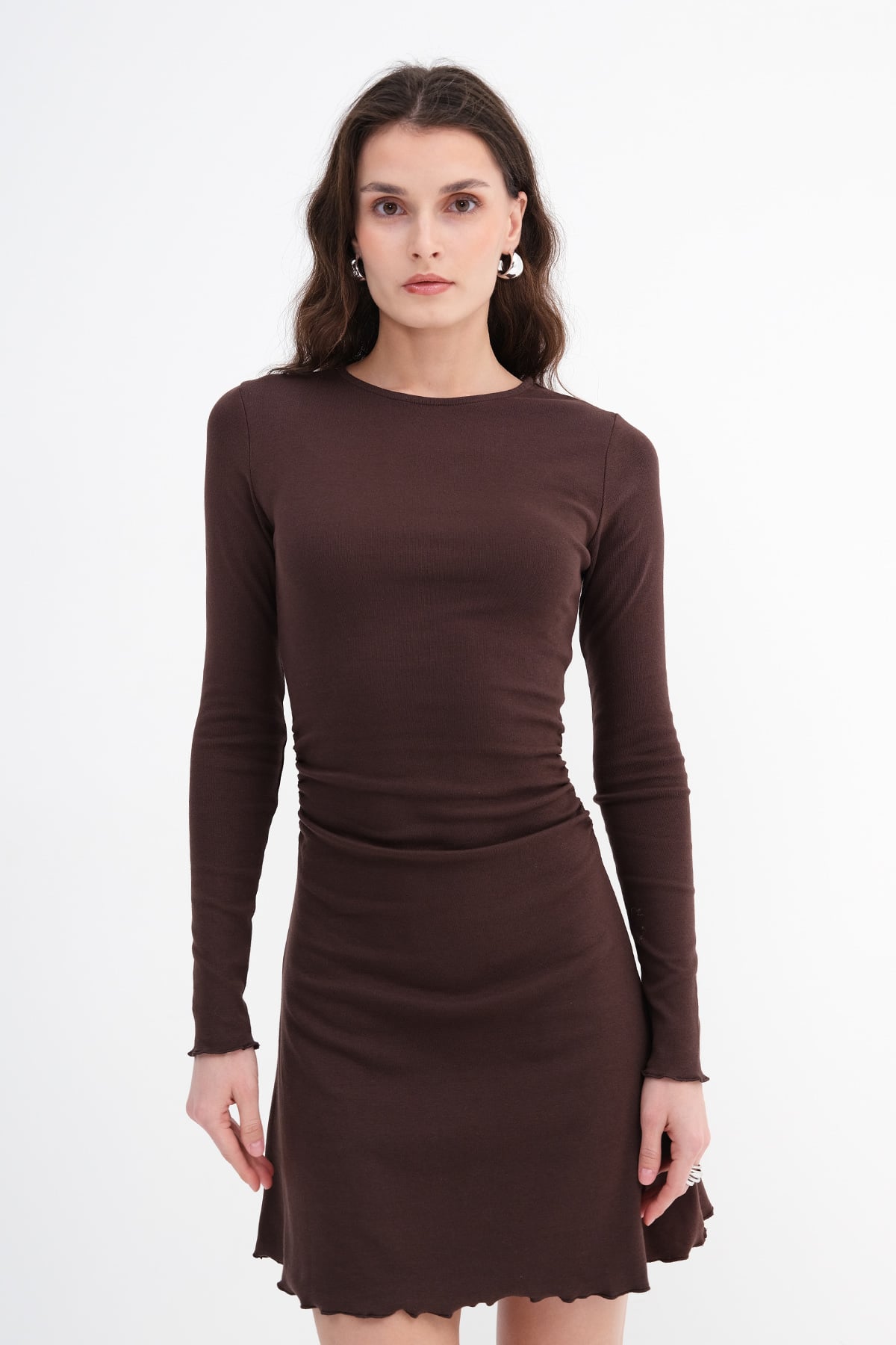 Brown_Crew-Neck-Ruched-Mini-Dress-addax