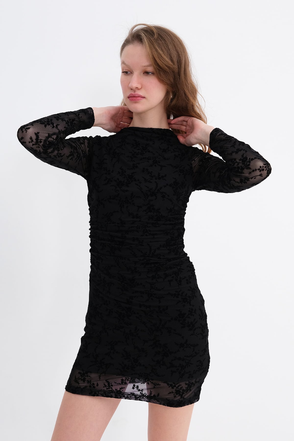 Black_Patterned-Ruched-Mini-Dress-addax