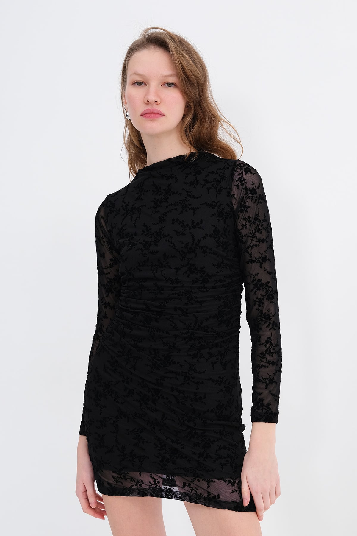 Black_Patterned-Ruched-Mini-Dress-addax