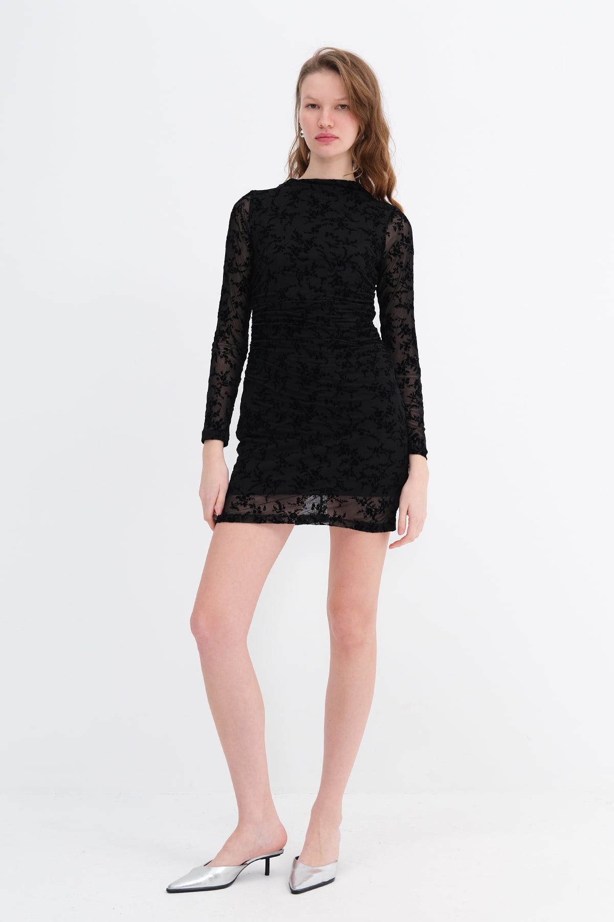 Black_Patterned-Ruched-Mini-Dress-addax
