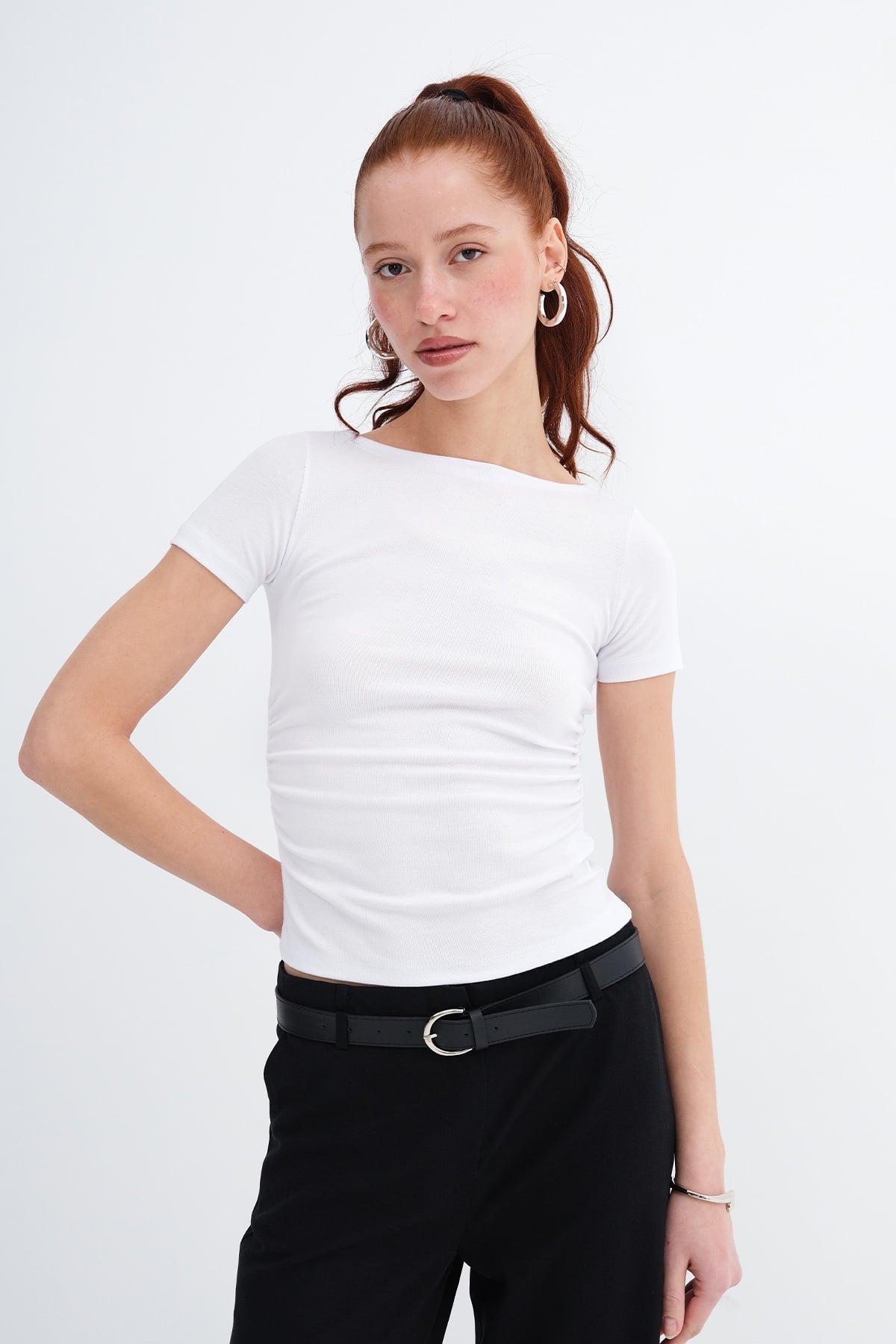 White_Side-Ruched-Modal-Basic T-Shirt-addax