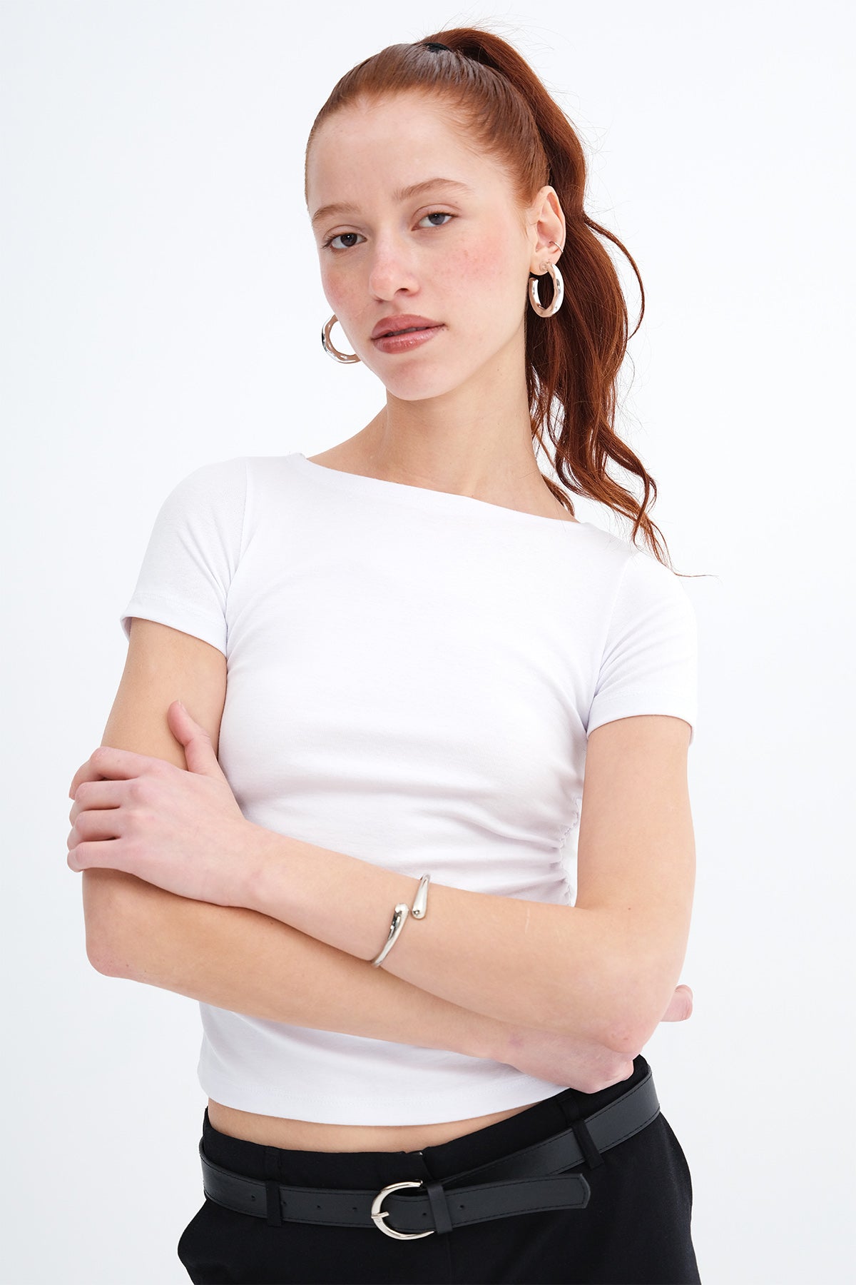 White_Side-Ruched-Modal-Basic T-Shirt-addax