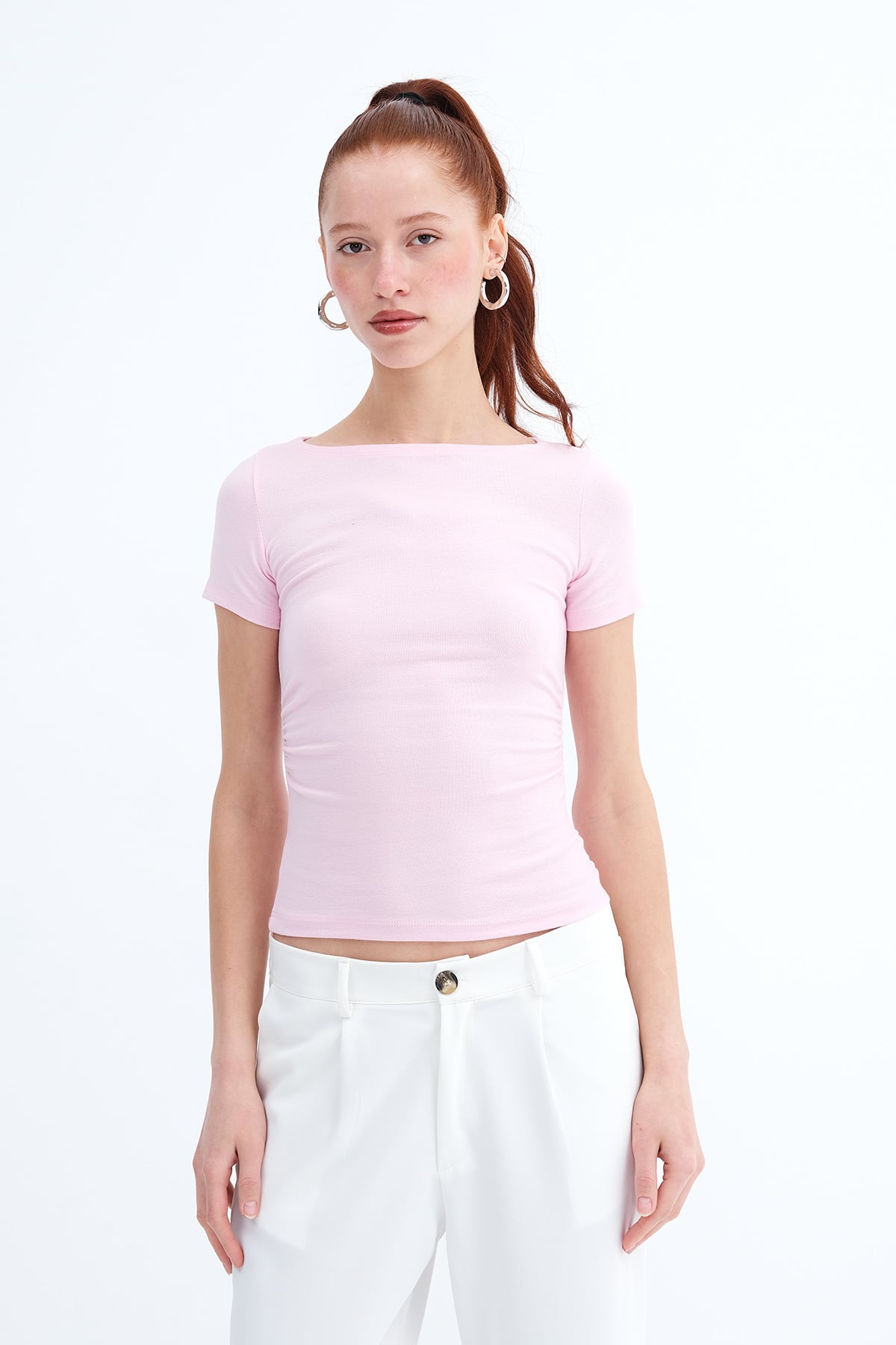 Pink_Side-Ruched-Modal-Basic T-Shirt-addax