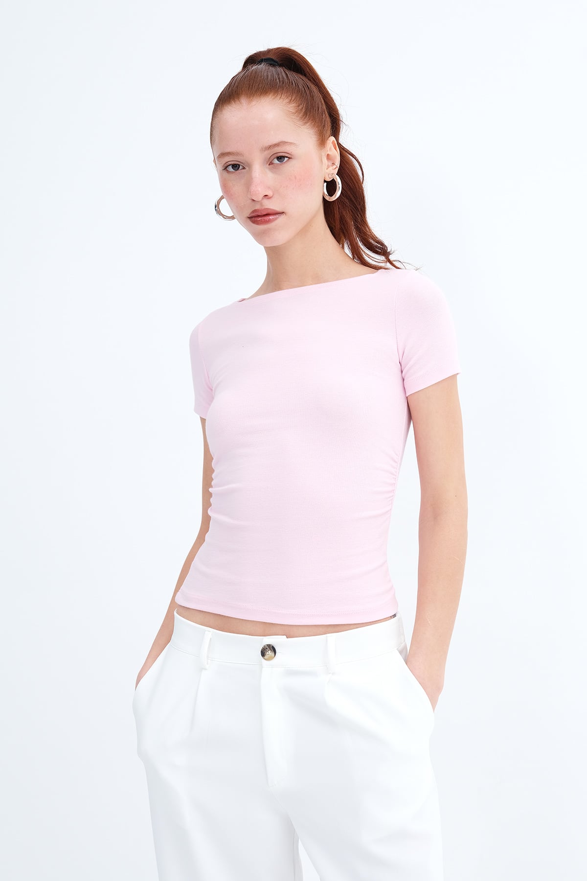 Pink_Side-Ruched-Modal-Basic T-Shirt-addax