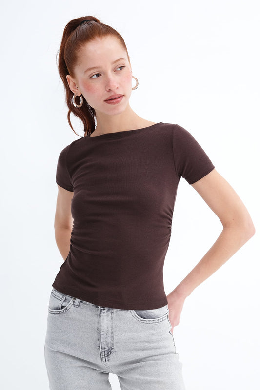 Brown_Side-Ruched-Modal-Basic-T-Shirt-addax