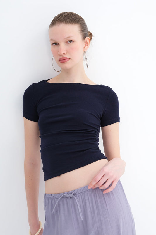 Night-Blue_Side-Ruched-Modal-Basic-T-Shirt-addax