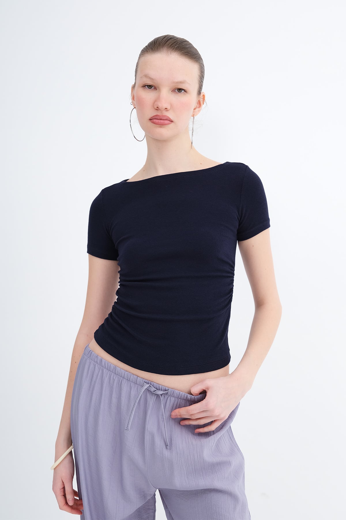 Night-Blue_Side-Ruched-Modal-Basic T-Shirt-addax