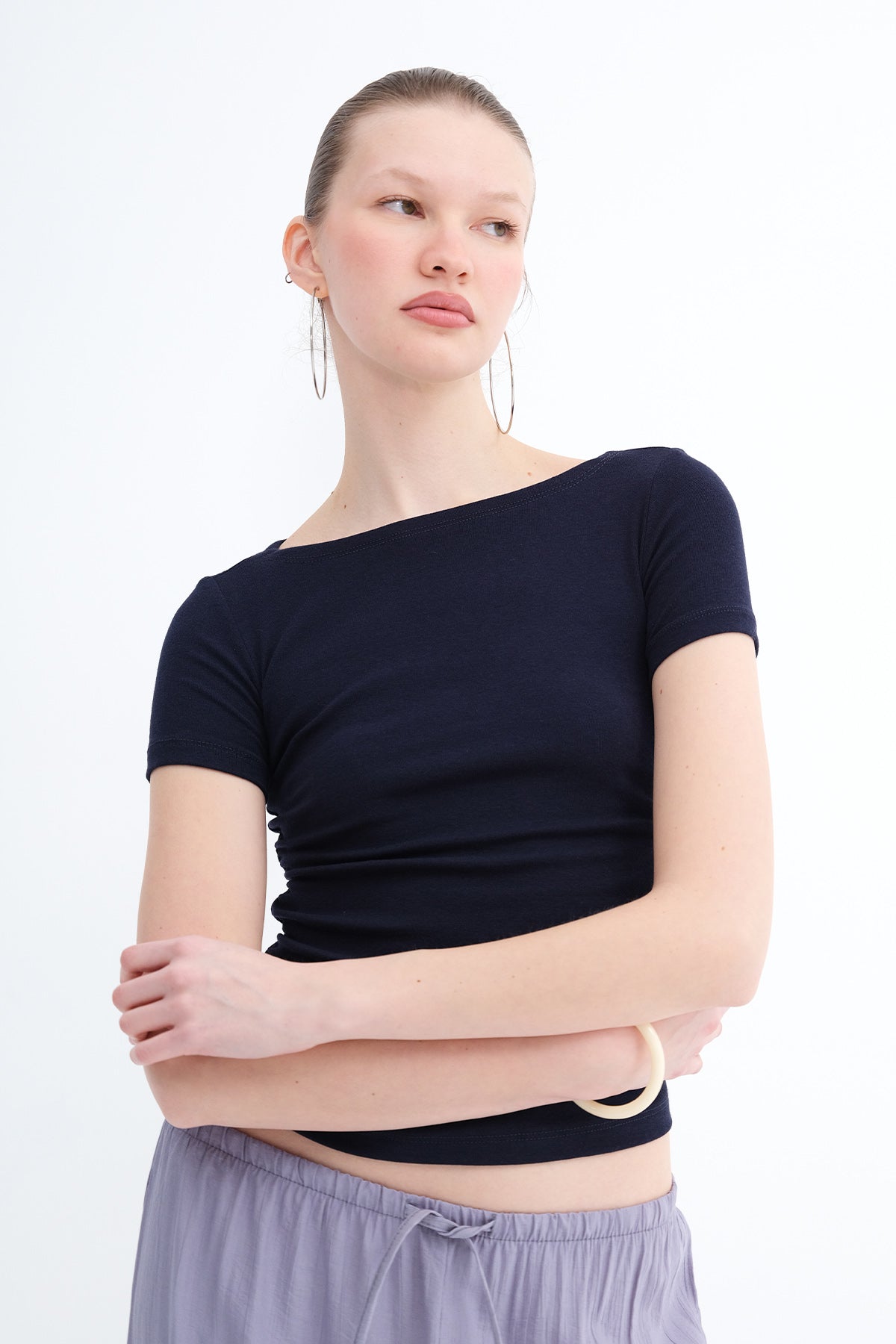 Night-Blue_Side-Ruched-Modal-Basic T-Shirt-addax