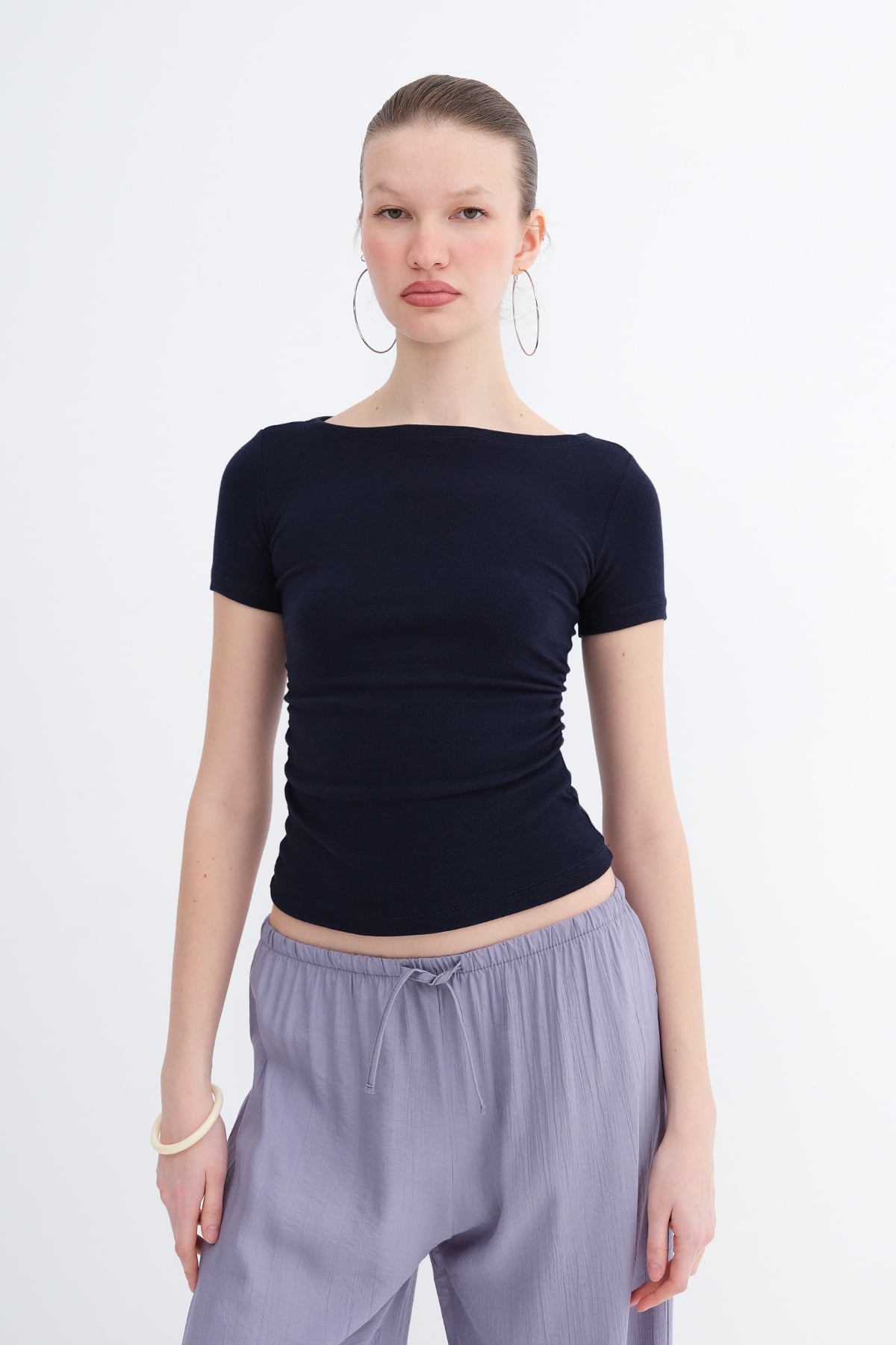 Night-Blue_Side-Ruched-Modal-Basic T-Shirt-addax