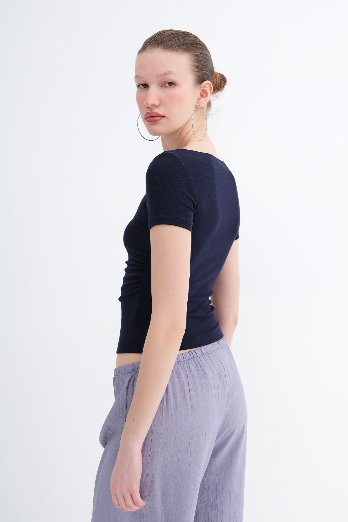Night-Blue_Side-Ruched-Modal-Basic T-Shirt-addax