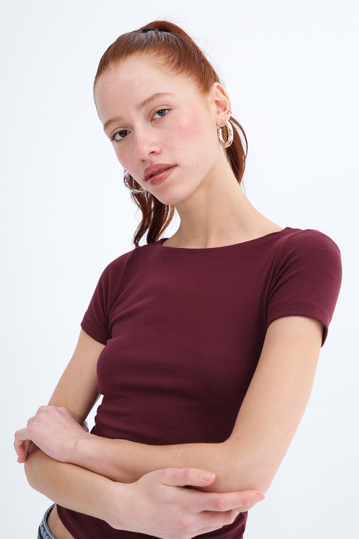 Burgundy_Side-Ruched-Modal-Basic T-Shirt-addax