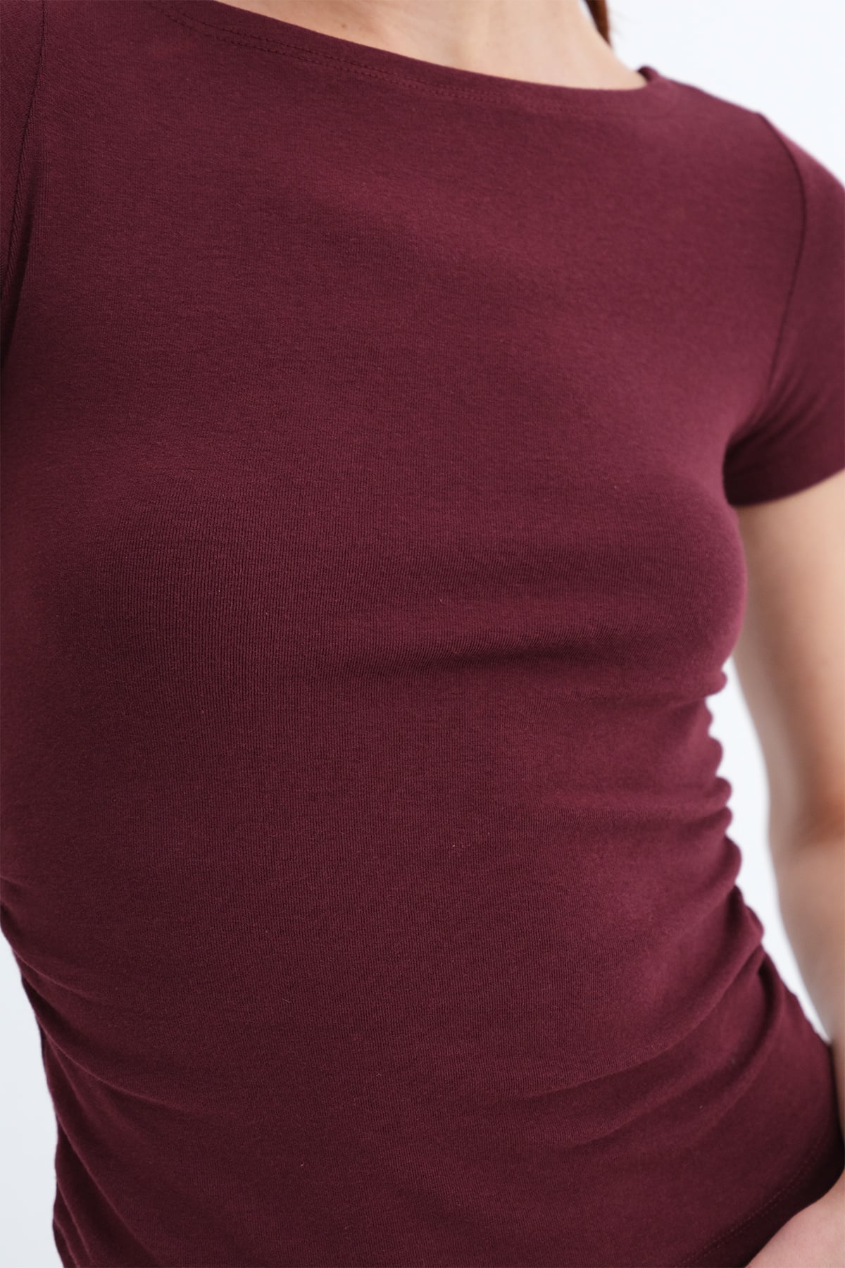 Burgundy_Side-Ruched-Modal-Basic T-Shirt-addax