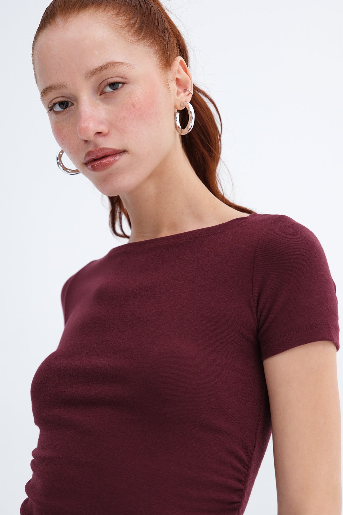 Burgundy_Side-Ruched-Modal-Basic T-Shirt-addax