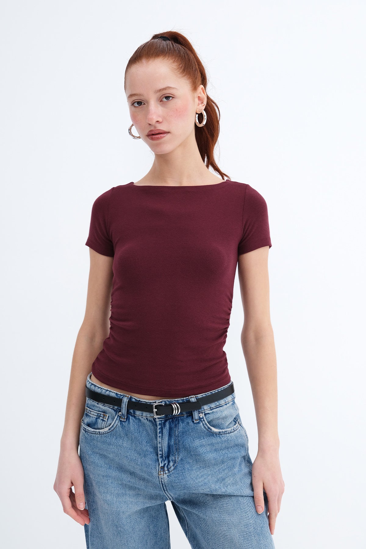 Burgundy_Side-Ruched-Modal-Basic T-Shirt-addax