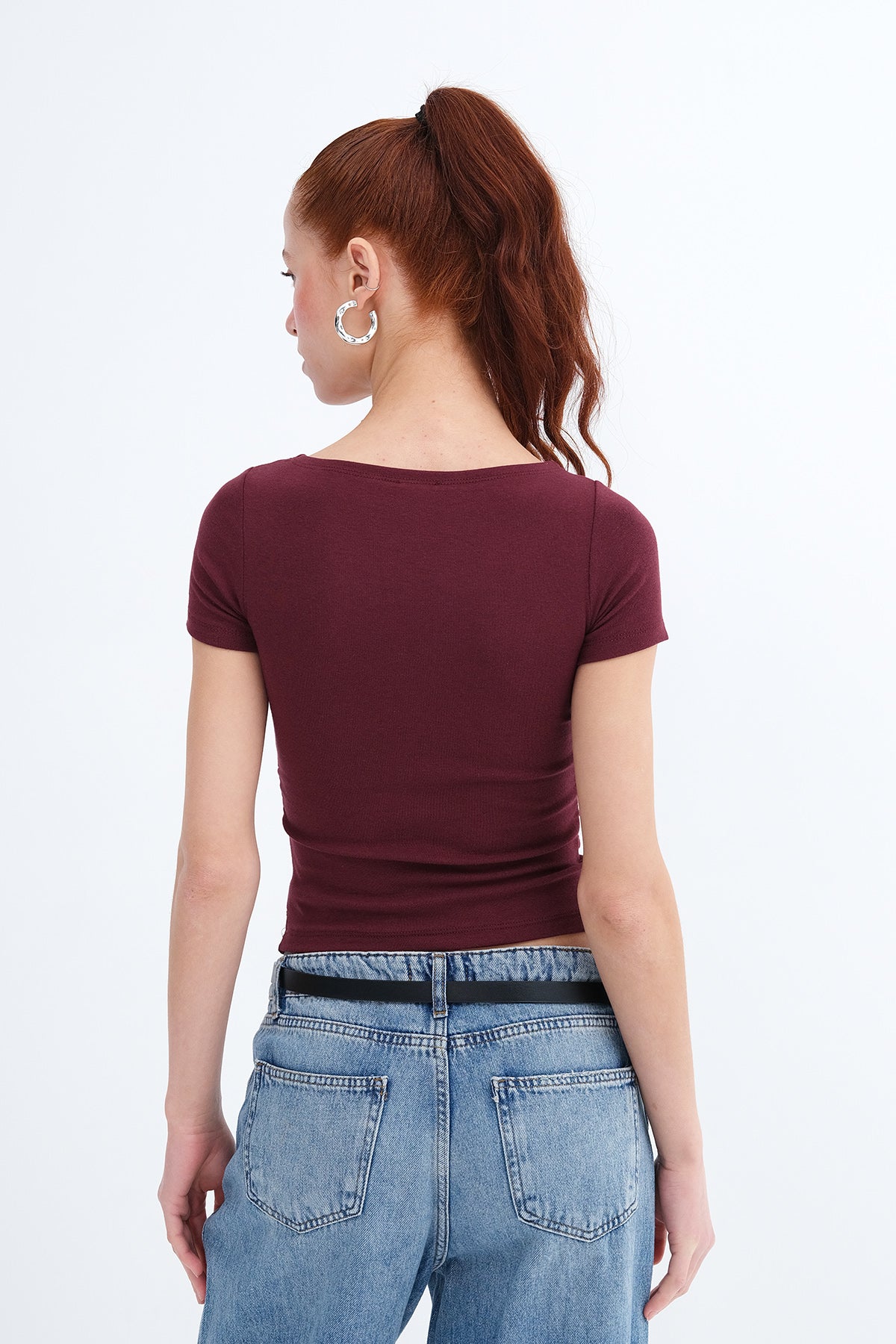 Burgundy_Side-Ruched-Modal-Basic T-Shirt-addax