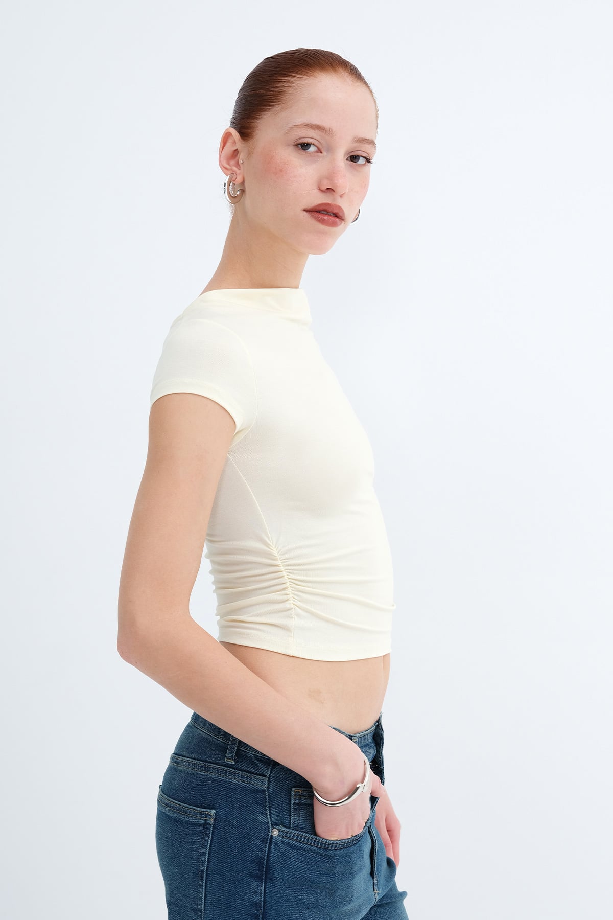 Soft-Yellow_Boat-Neck-Ruched-Side-T-shirt-addax