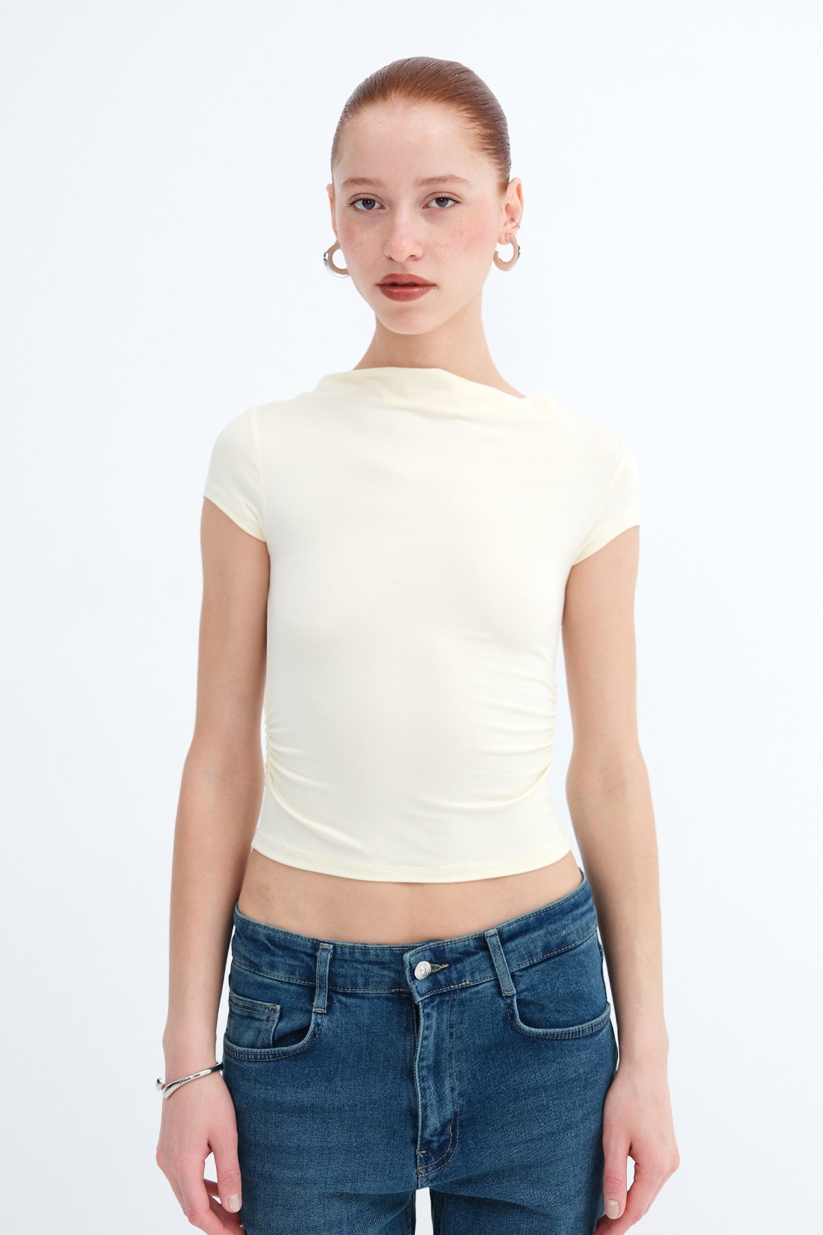 Soft-Yellow_Boat-Neck-Ruched-Side-T-shirt-addax