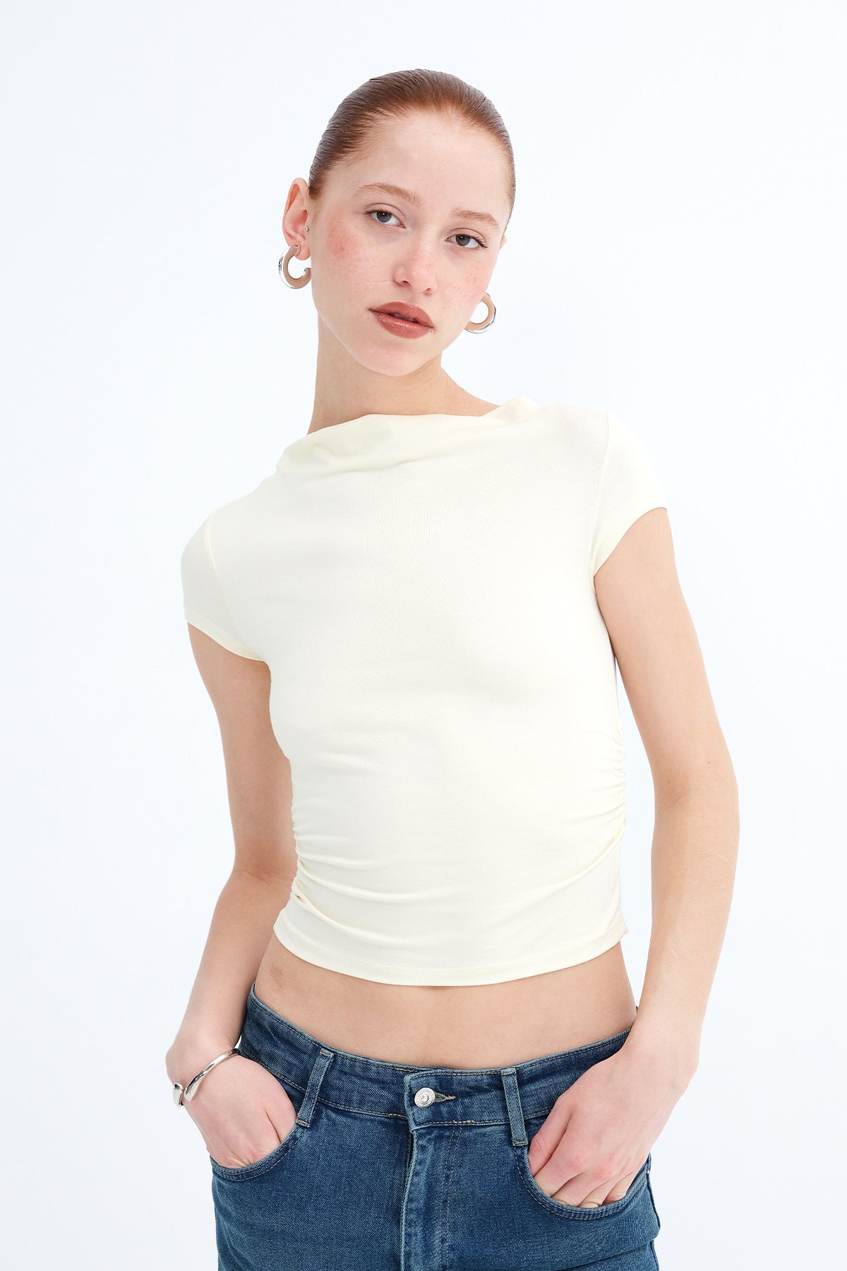 Soft-Yellow_Boat-Neck-Ruched-Side-T-shirt-addax