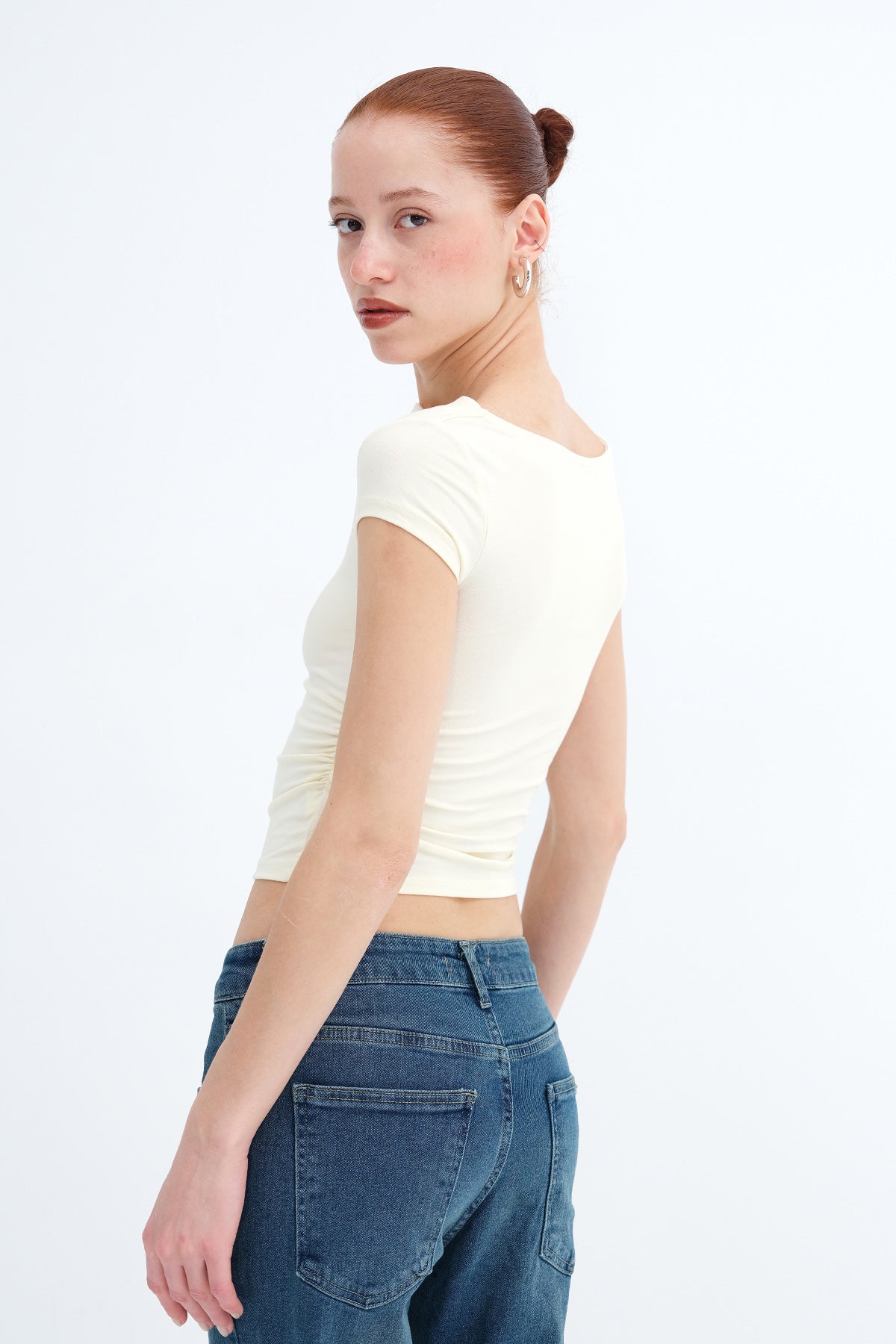 Soft-Yellow_Boat-Neck-Ruched-Side-T-shirt-addax