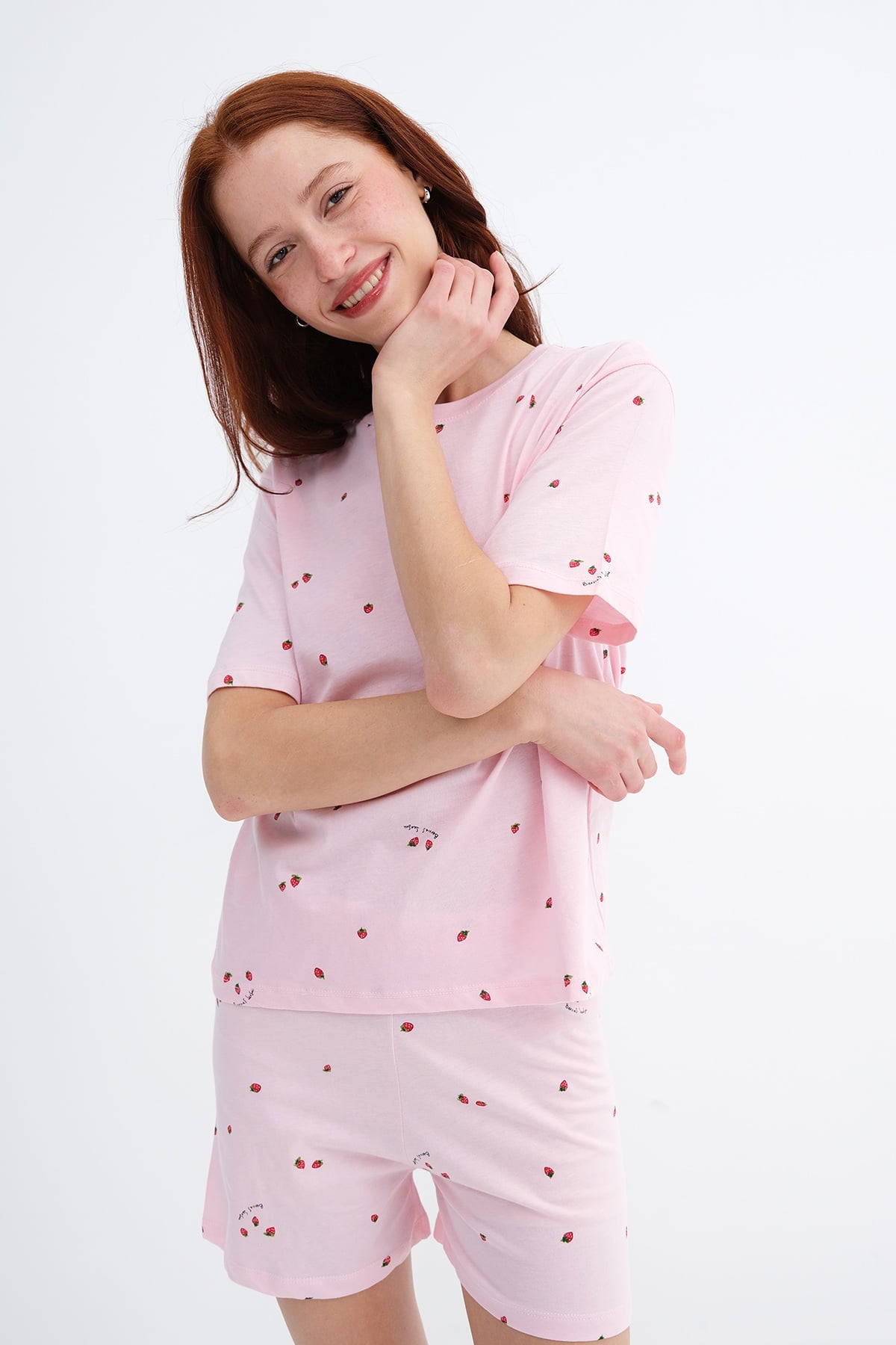 Pink_Strawberry-Print-Shorts-Pajama-Set-addax
