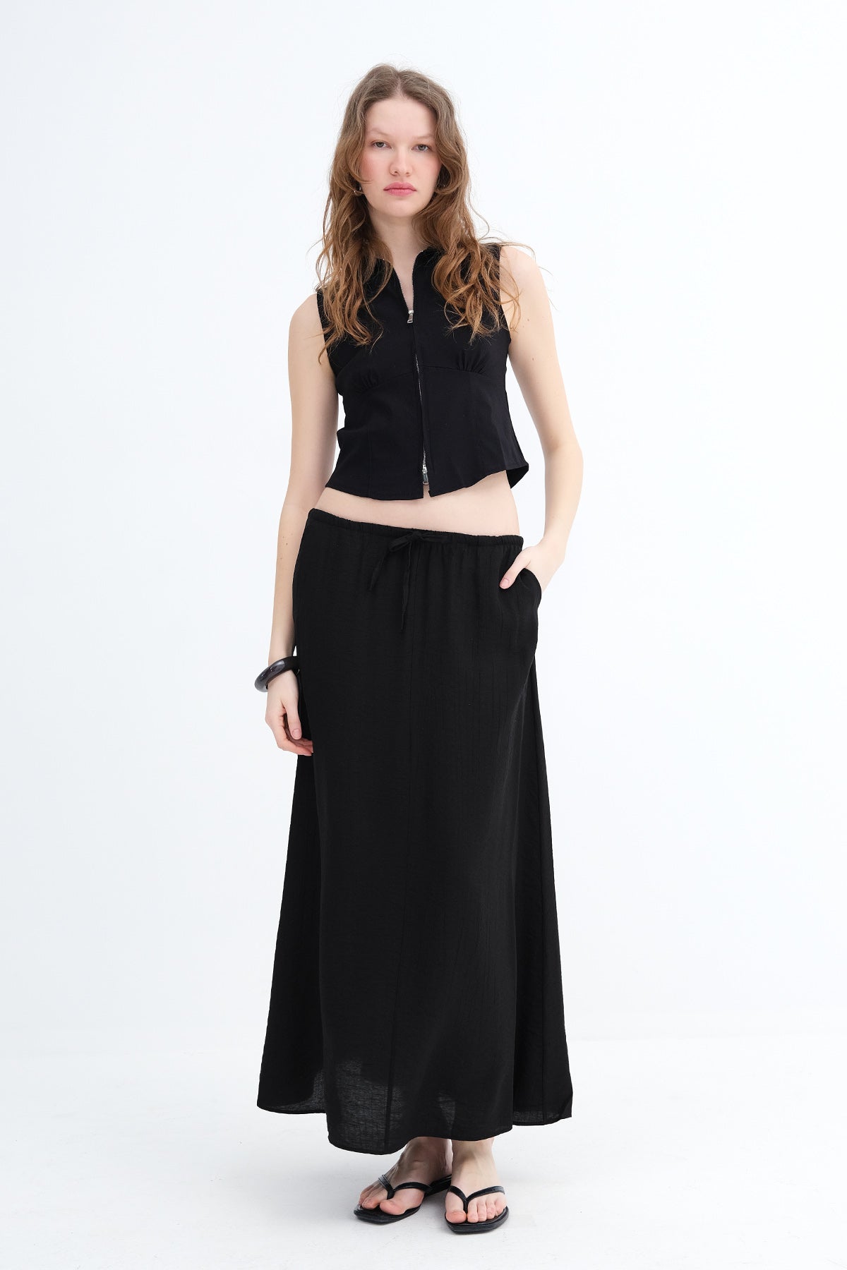 Black_Elastic-Waist-Long-Skirt-addax