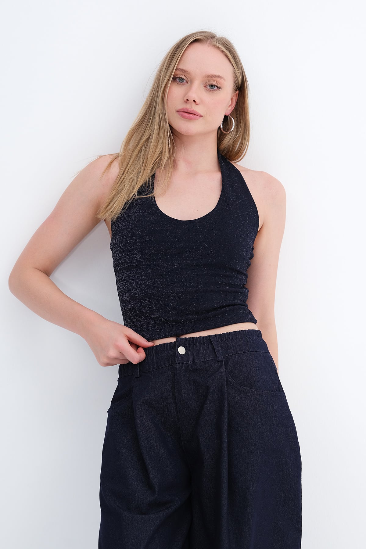 Silvery-Navy-Blue_Halter-Neck-Blouse-addax