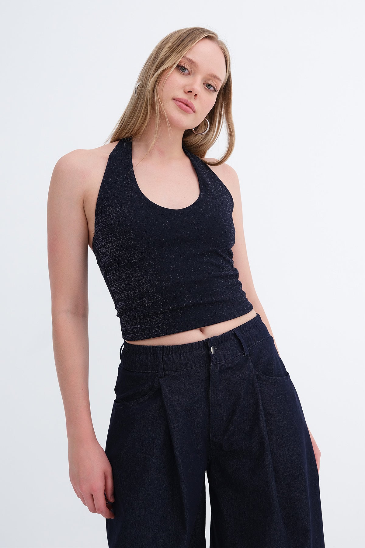 Silvery-Navy-Blue_Halter-Neck-Blouse-addax