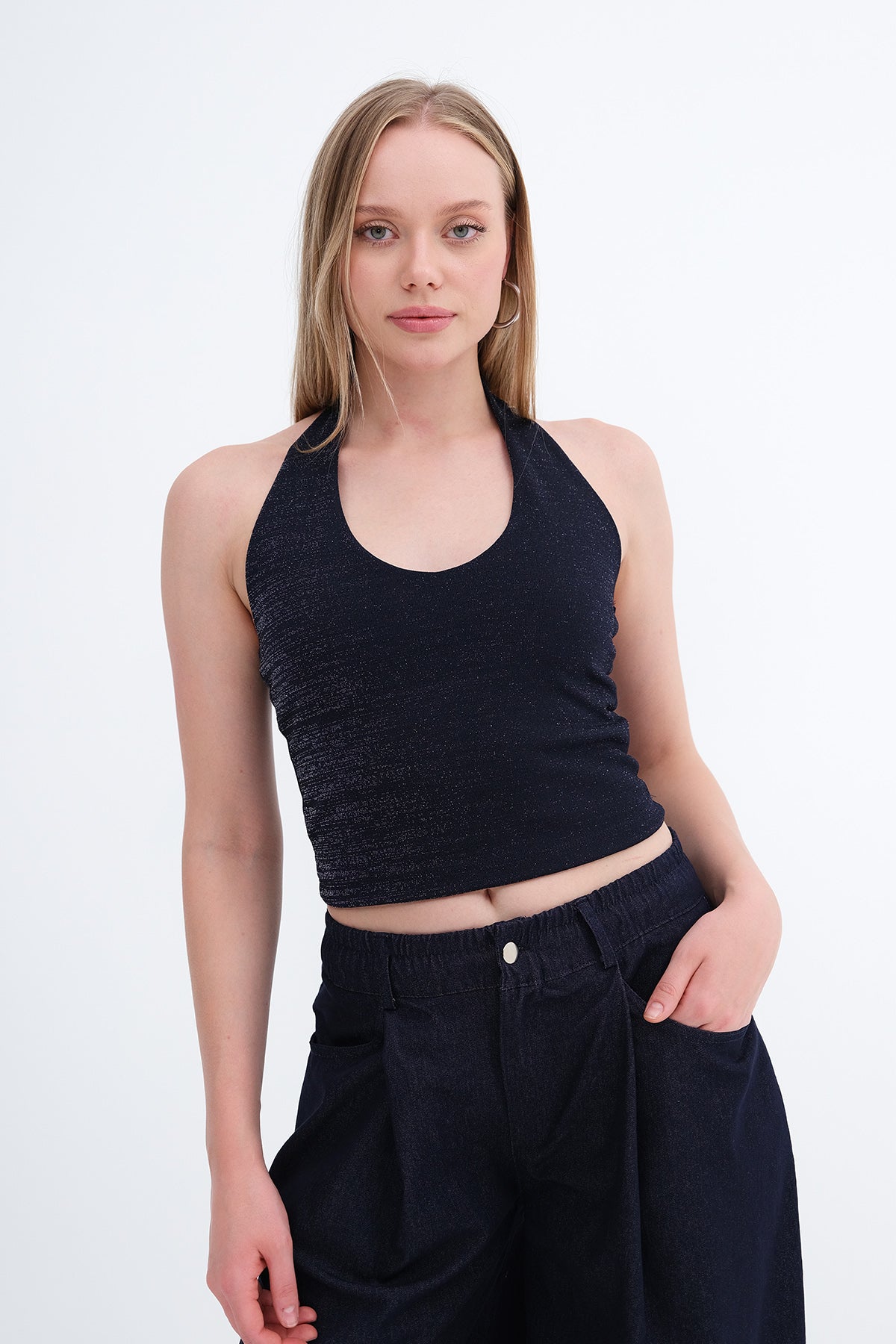 Silvery-Navy-Blue_Halter-Neck-Blouse-addax