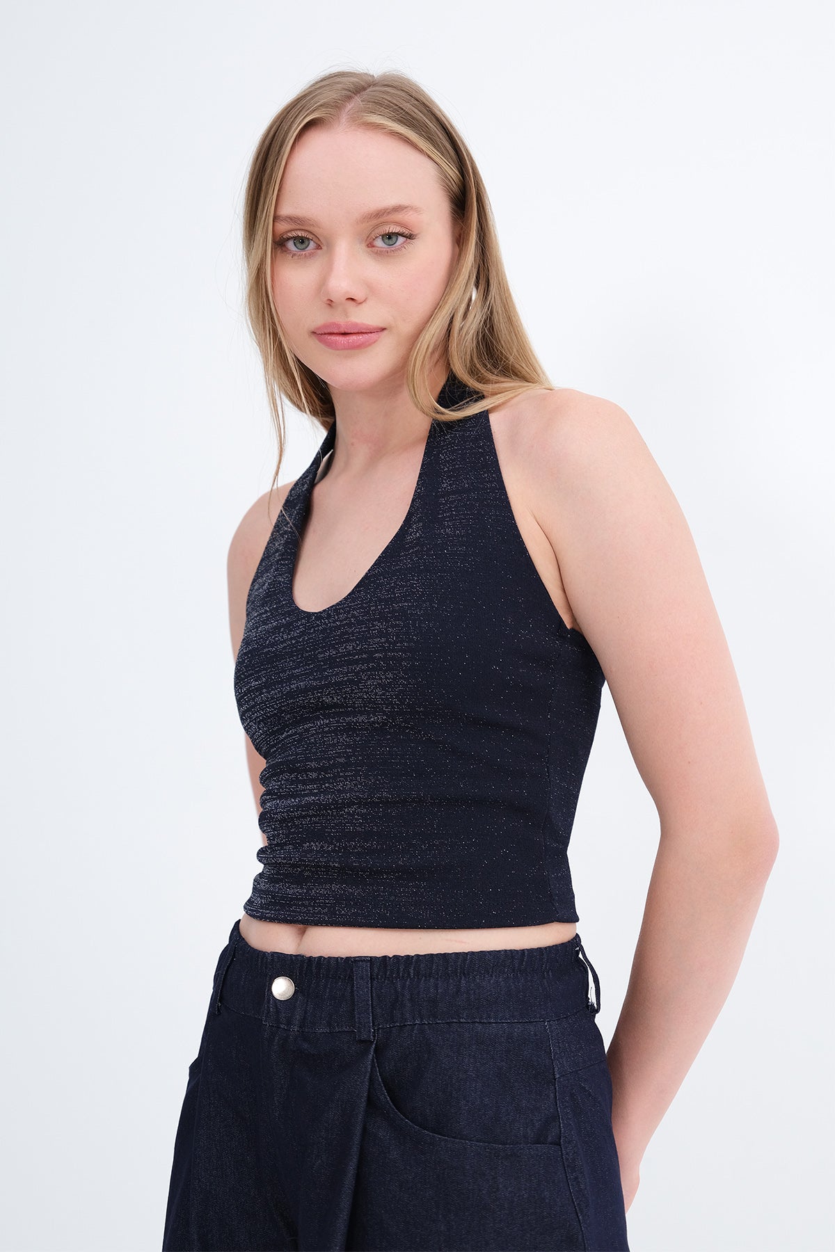 Silvery-Navy-Blue_Halter-Neck-Blouse-addax