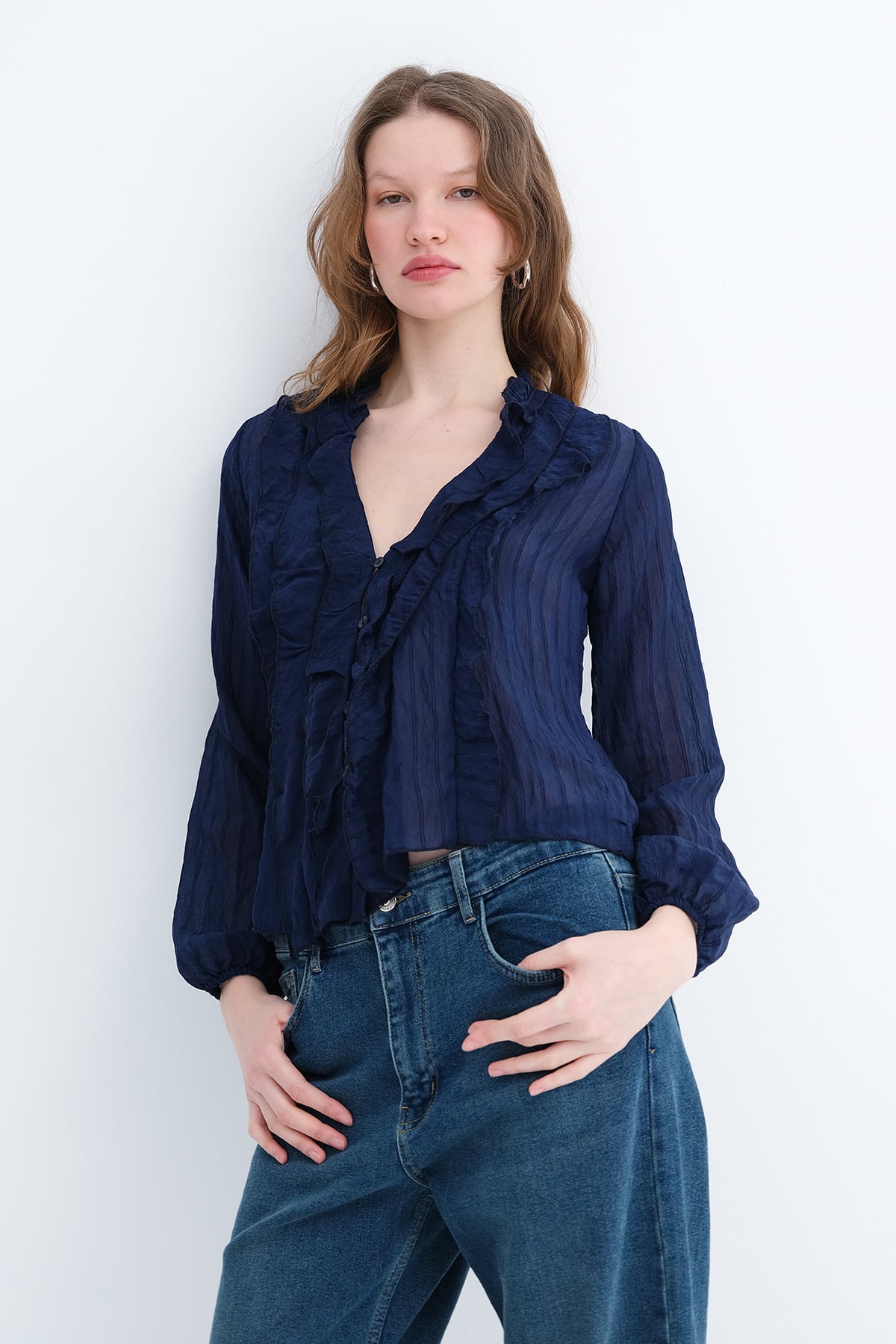 Night-Blue_Ruffled-Front-Buttoned-Blouse-addax