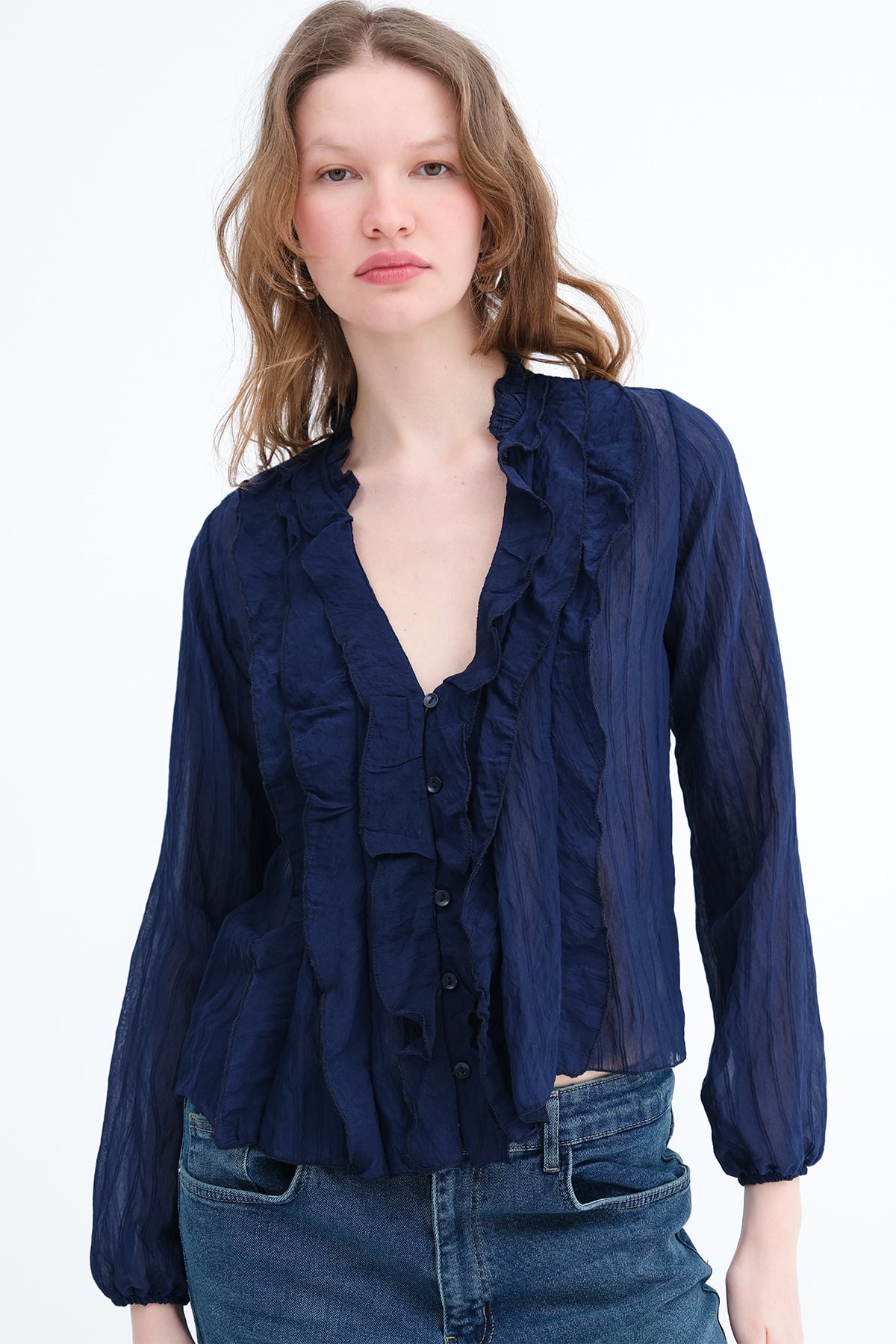 Night-Blue_Ruffled-Front-Buttoned-Blouse-addax