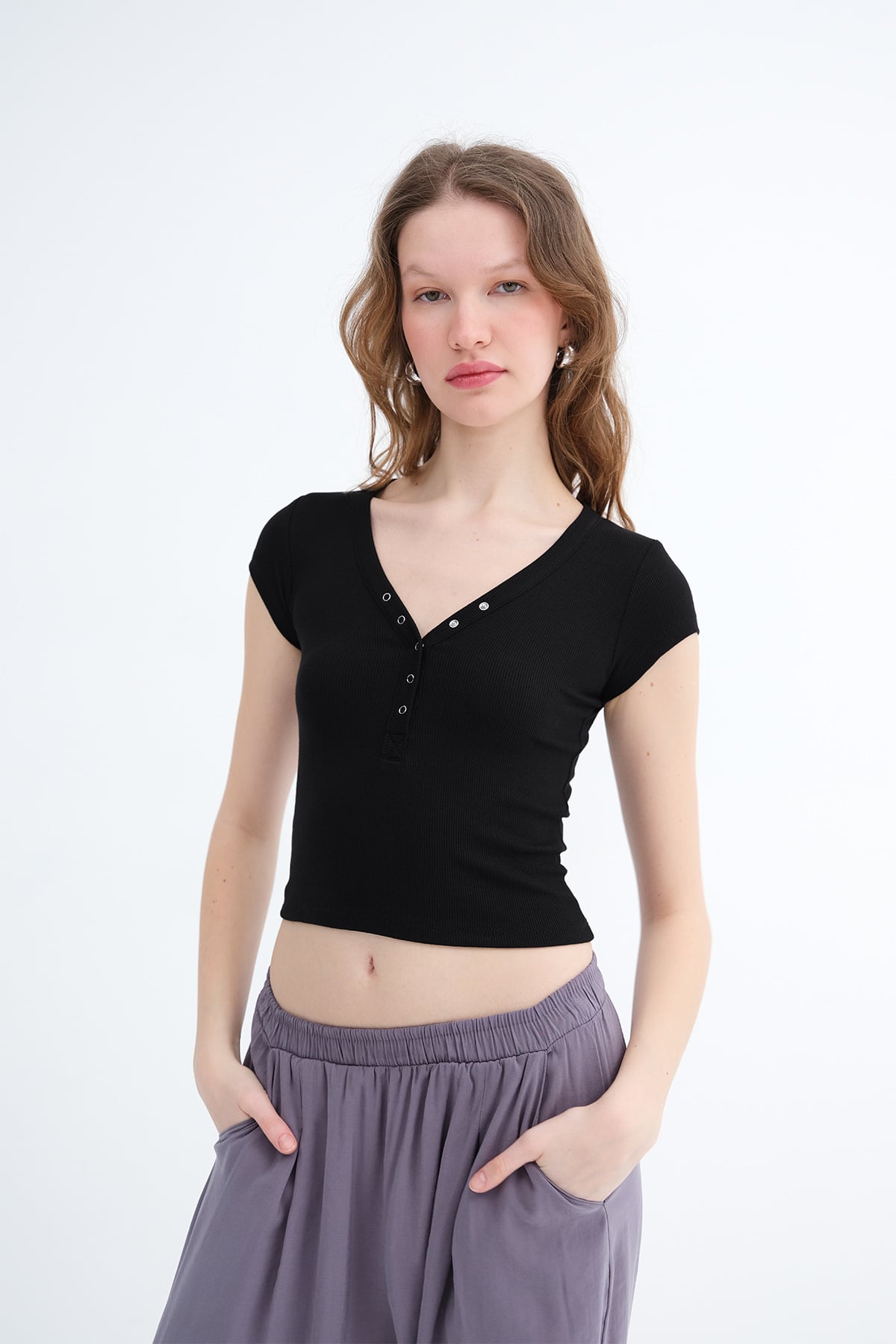 Snap Button Collar Modal T-shirt