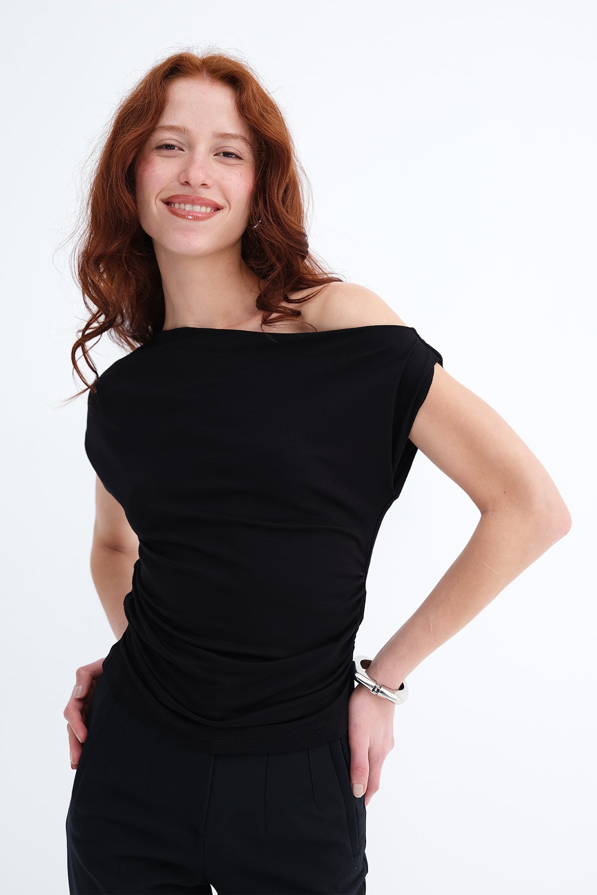 Boat Neck Ruched T-Shirt