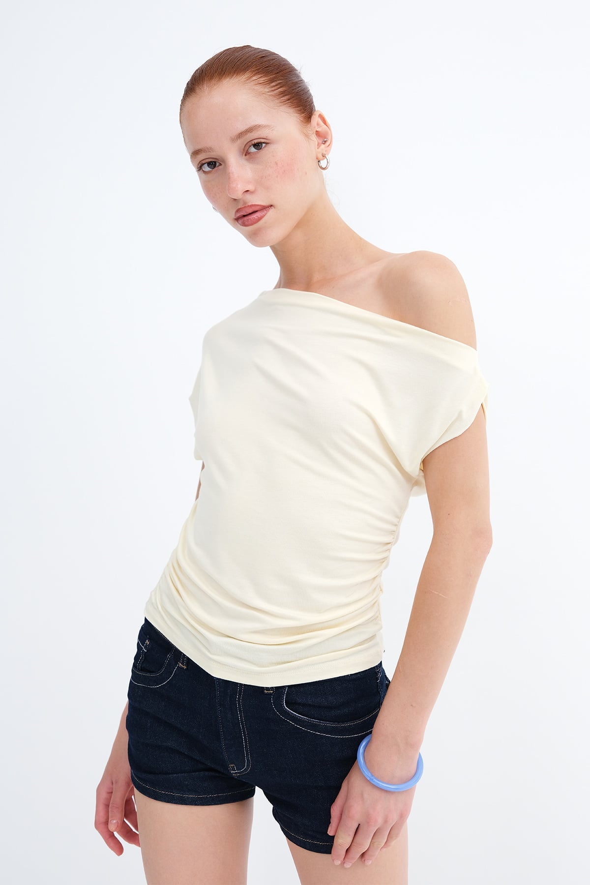 Light-Yellow_Boat-Neck-Ruched-T-Shirt-addax