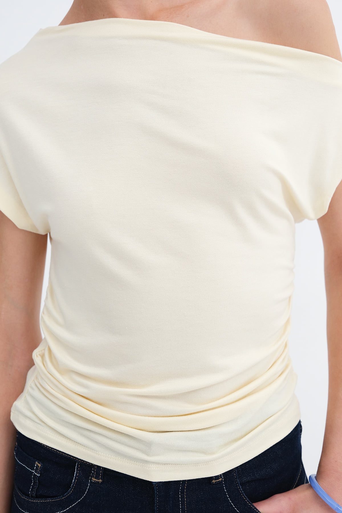 Light-Yellow_Boat-Neck-Ruched-T-Shirt-addax