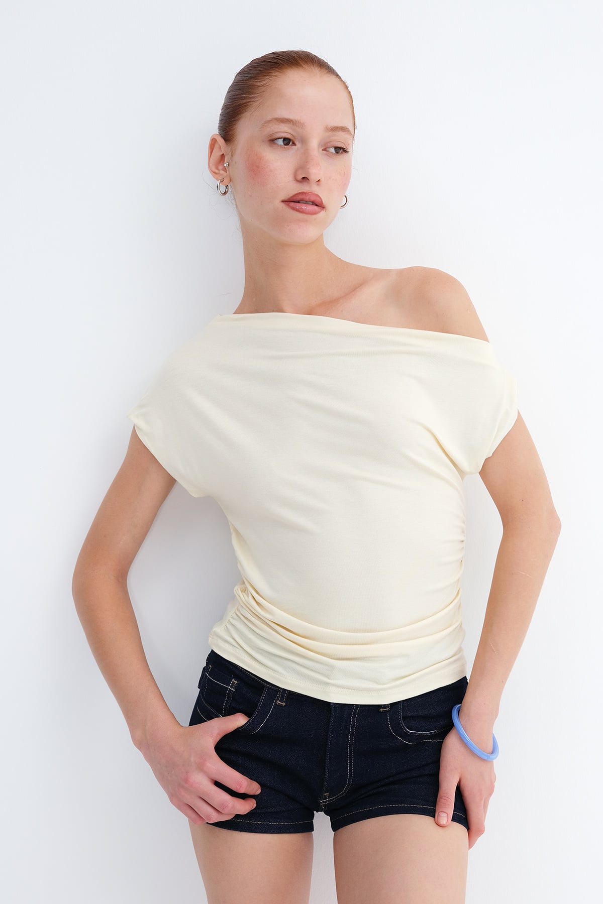 Light-Yellow_Boat-Neck-Ruched-T-Shirt-addax