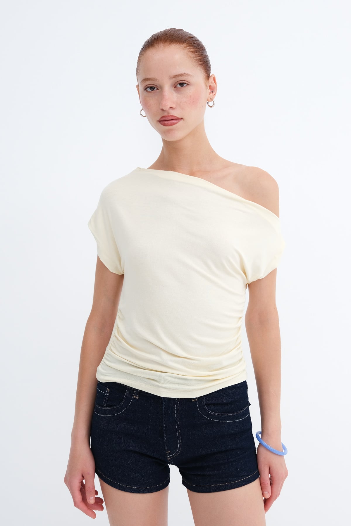Light-Yellow_Boat-Neck-Ruched-T-Shirt-addax