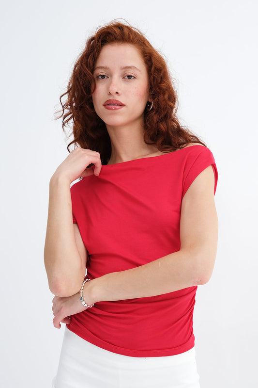 Bright-Red_Boat-Neck-Ruched-T-Shirt-addax