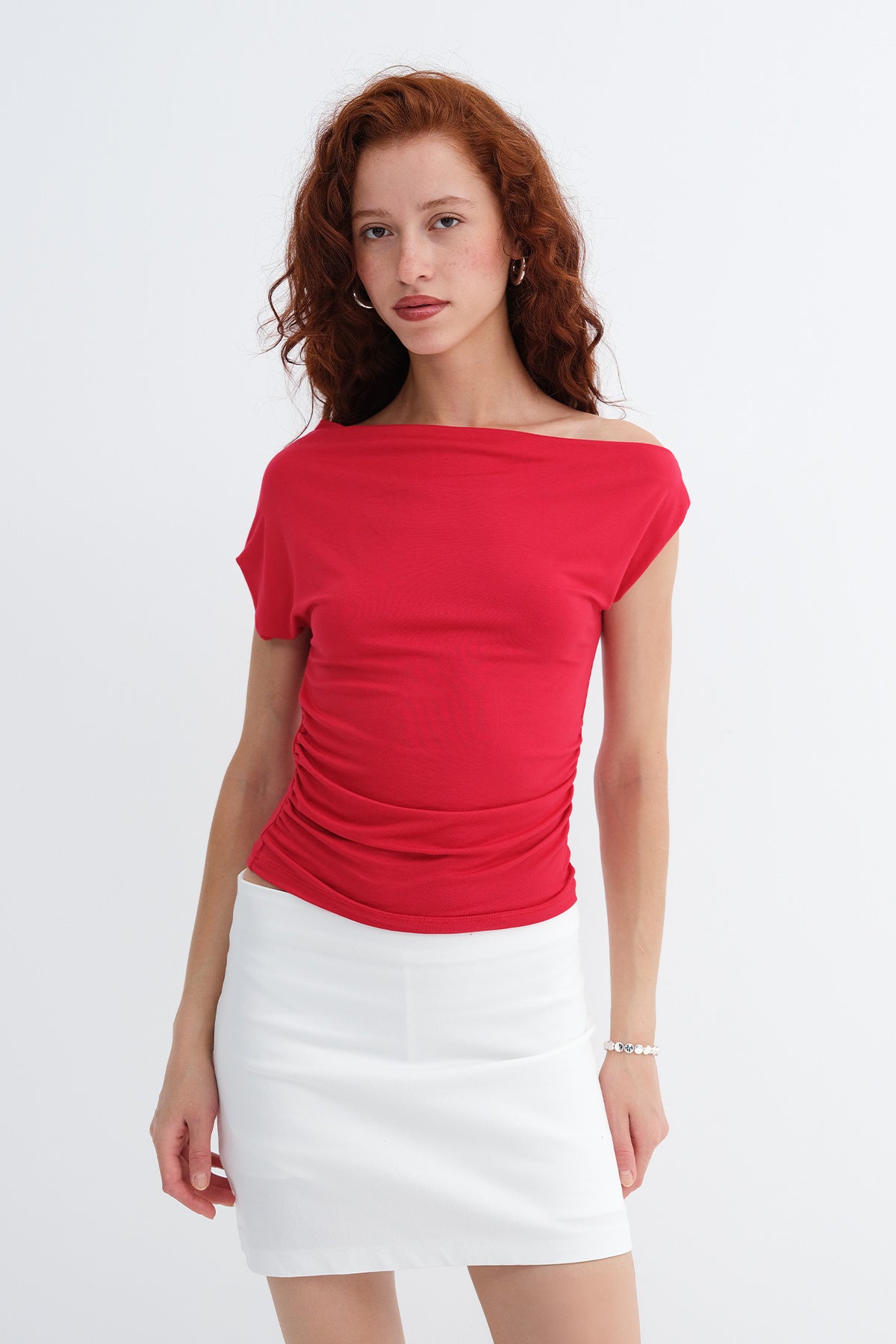 Bright-Red_Boat-Neck-Ruched-T-Shirt-addax