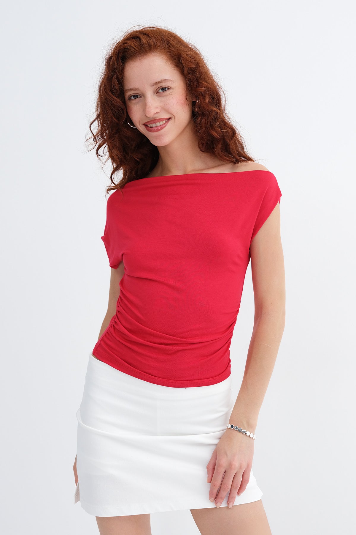 Bright-Red_Boat-Neck-Ruched-T-Shirt-addax