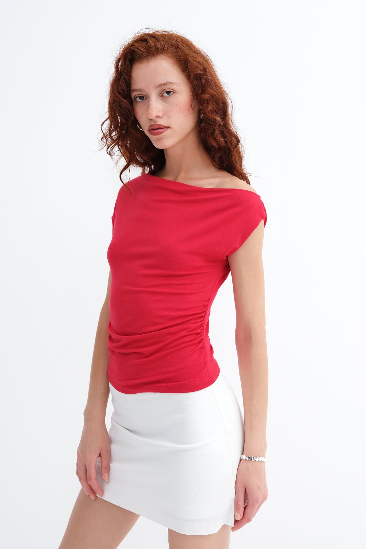 Bright-Red_Boat-Neck-Ruched-T-Shirt-addax